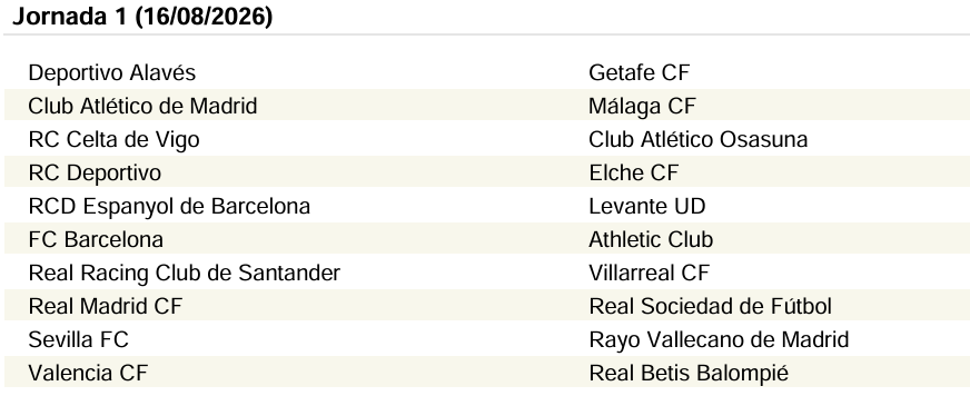 Jornadas 1-38 de LaLiga EA Sports Sorteada toda la temporada de Primera división Actualizado: 30/06/2026 21:38 horas