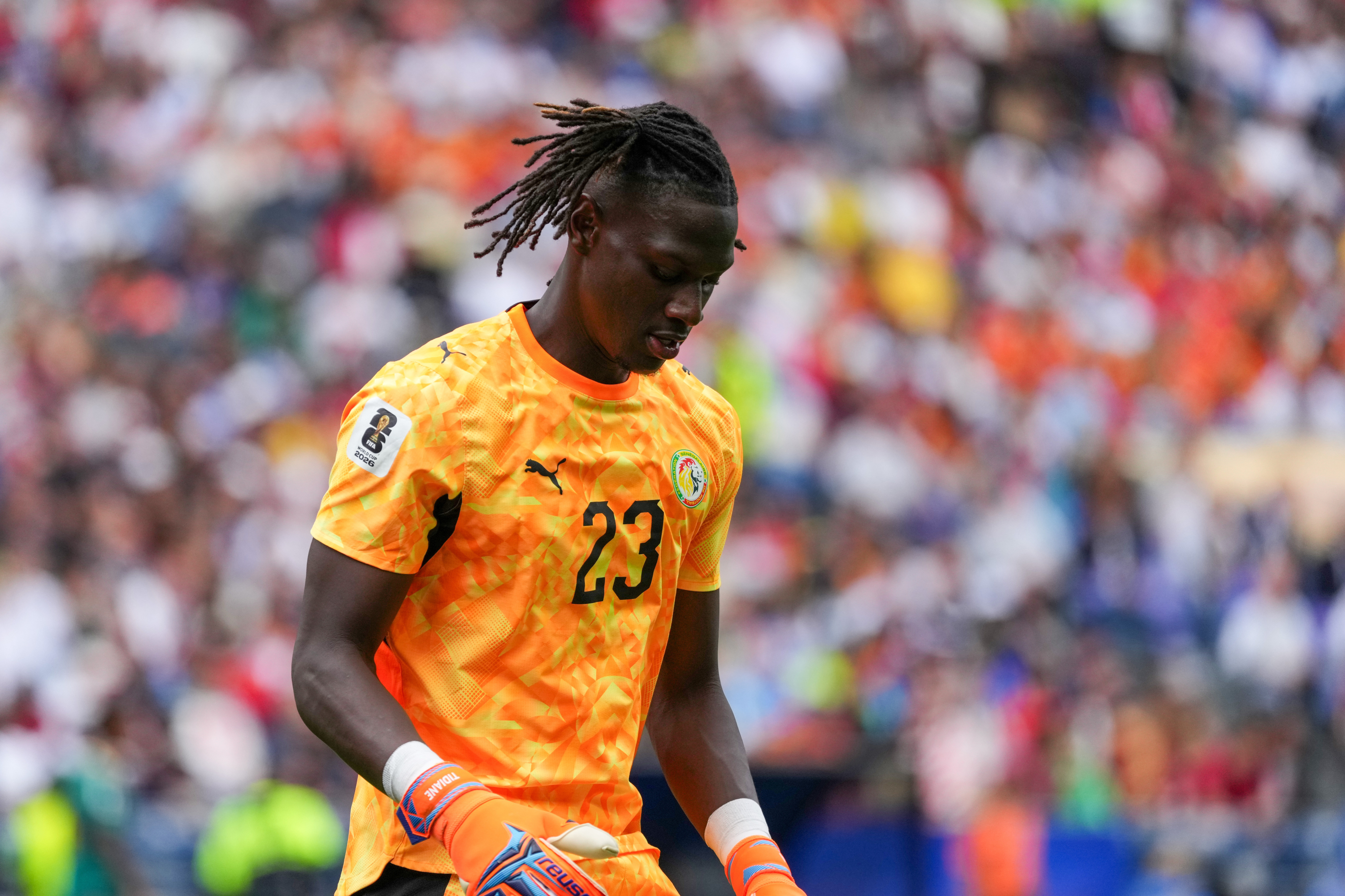 Senegal goalkeeper Mory Diaw (23) reacts after a save during the World Cup round of 32 soccer match between Belgium and Senegal in Seattle, Wednesday, July 1, 2026. (AP Photo/Ted S. Warren)