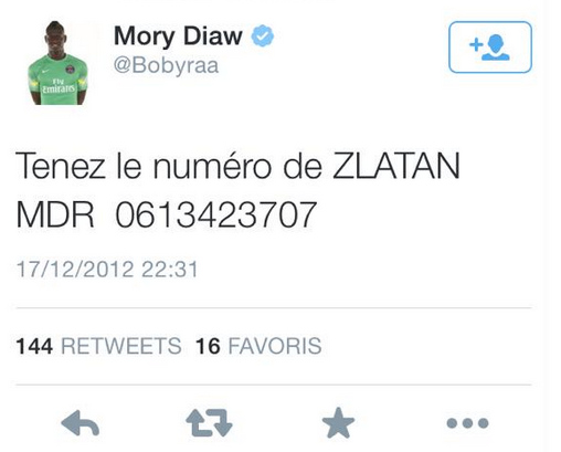 El tuit de Mory Diaw con el número de Ibrahimovic.