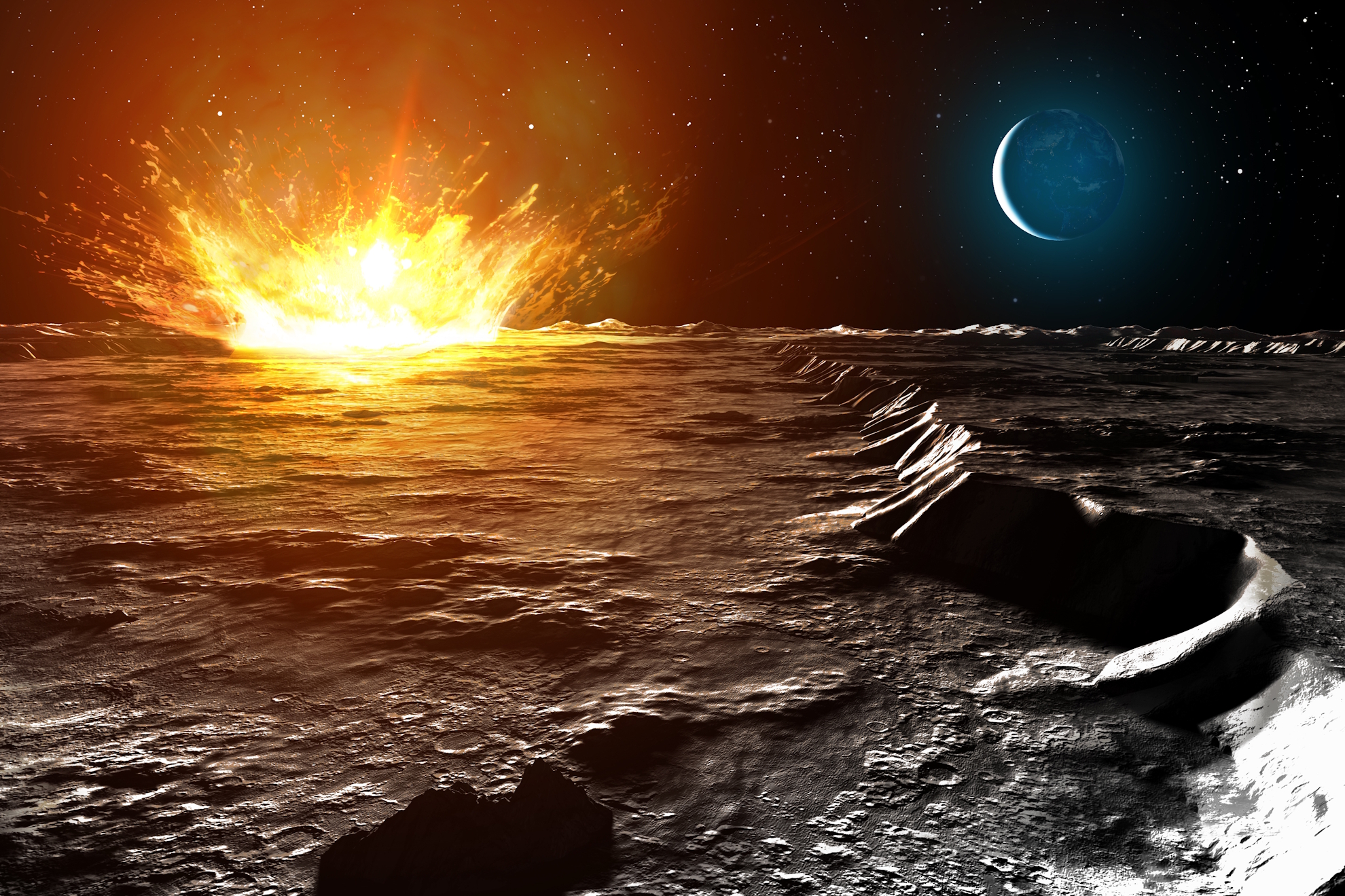 Ilustración del impacto de un asteroide en la Luna.