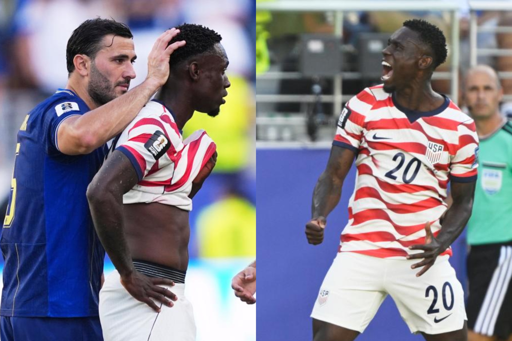 A la izquierda, Folarin Balogun se marcha expulsado. A la derecha, celebra su gol.