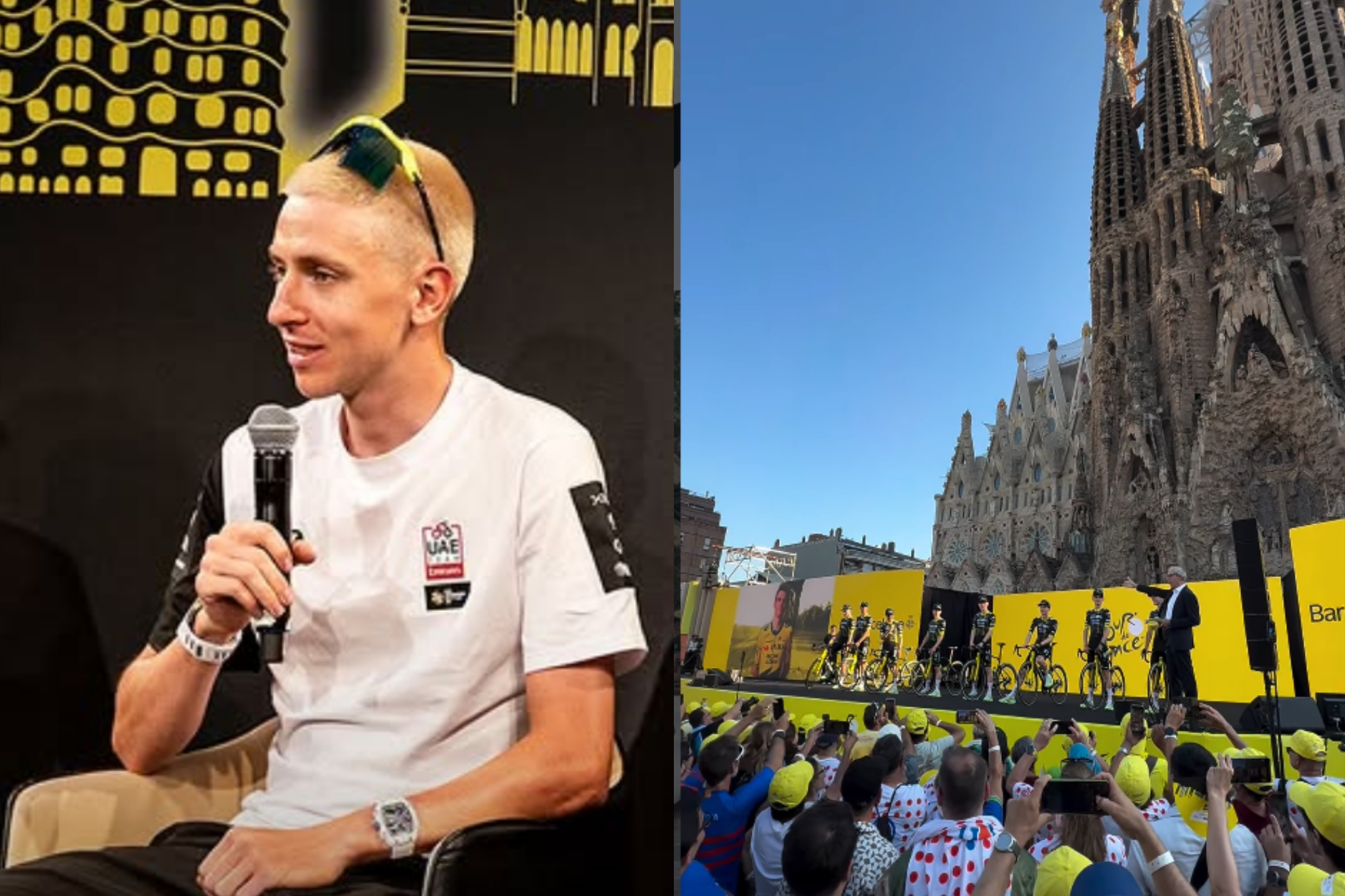 Pogacar, y el Visma en la Sagrada Familia.