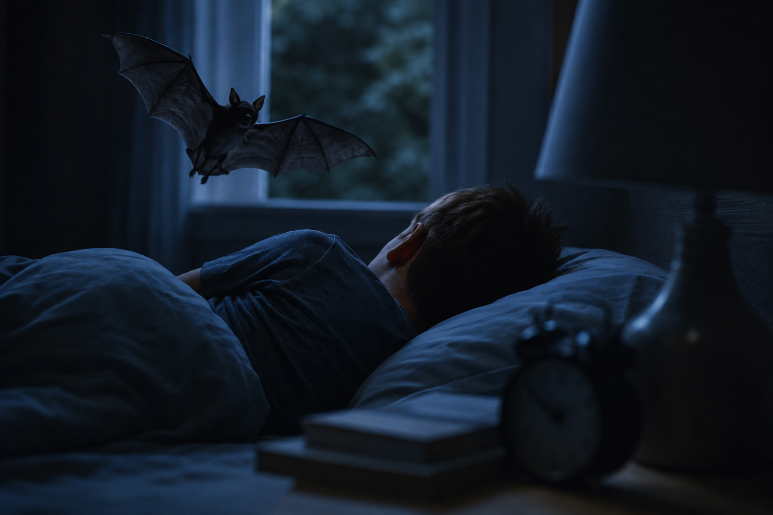 Murciélago junto a un niño durmiendo