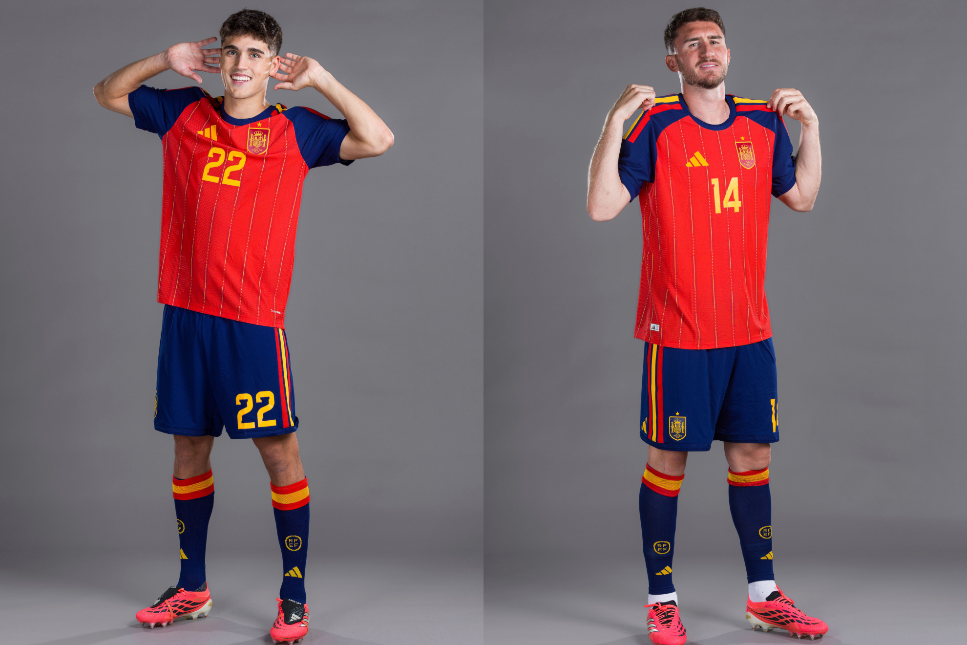 Pau Cubarsí y Aymeric Laporte posan para las imagenes del marcador de la FIFA.