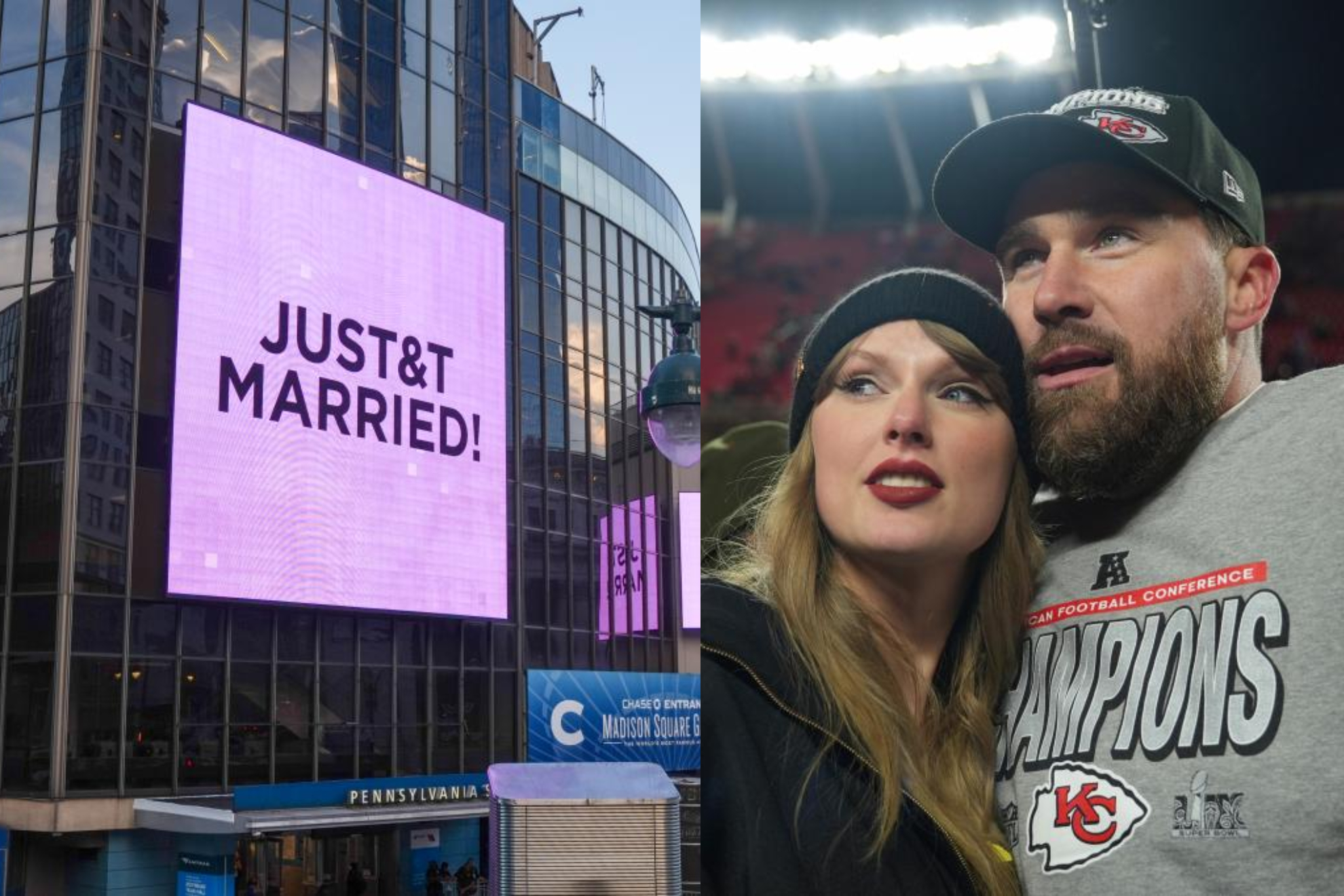 El cartel de 'recién casados' en el Madison Square Garden mientras Taylor Swift y Travis Kelce se daban el 'sí quiero'.