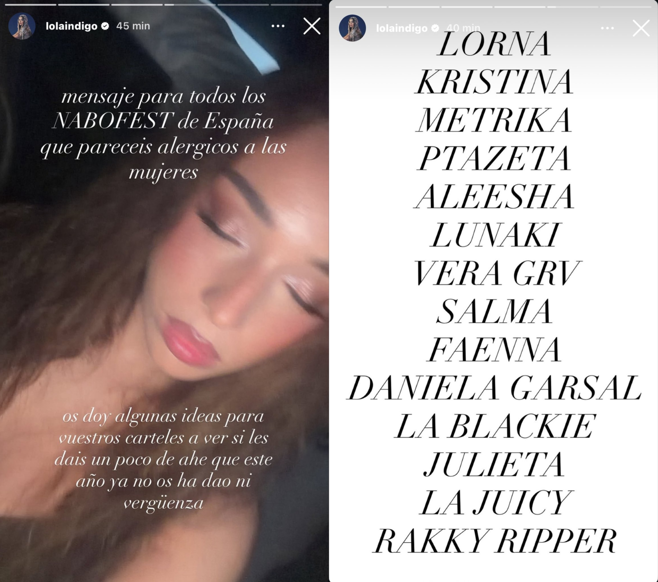 Las historias de Lola Índigo al respecto.