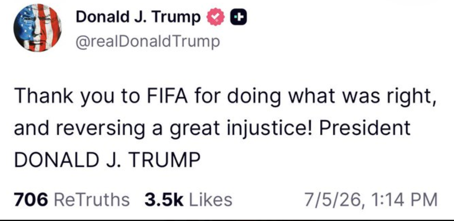 Mensaje de Donald Trump en la red social Truth.