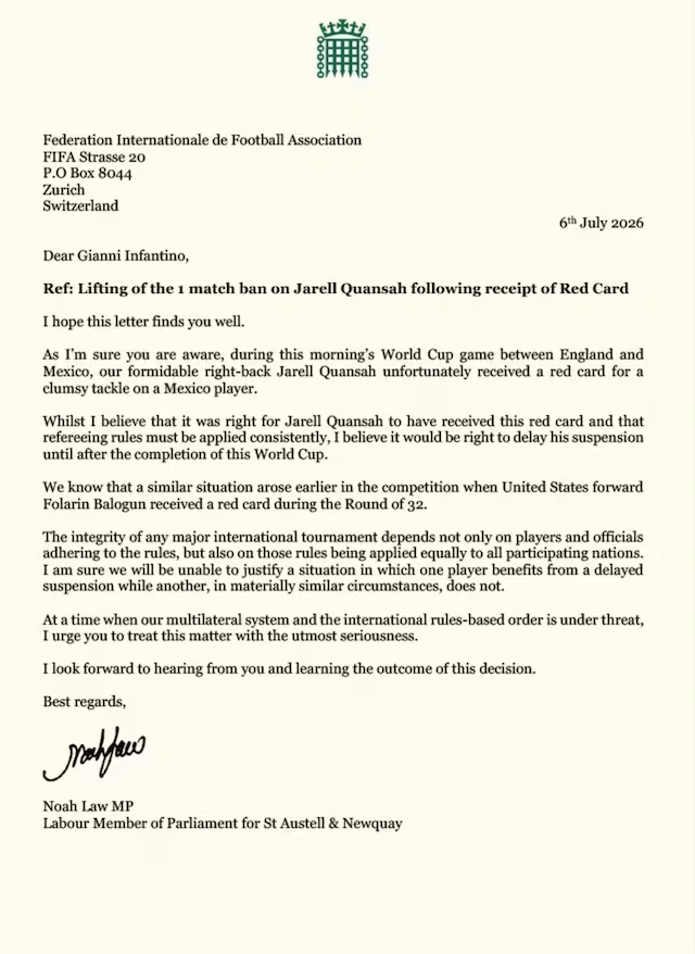 Carta del Partido Laboralista a la FIFA