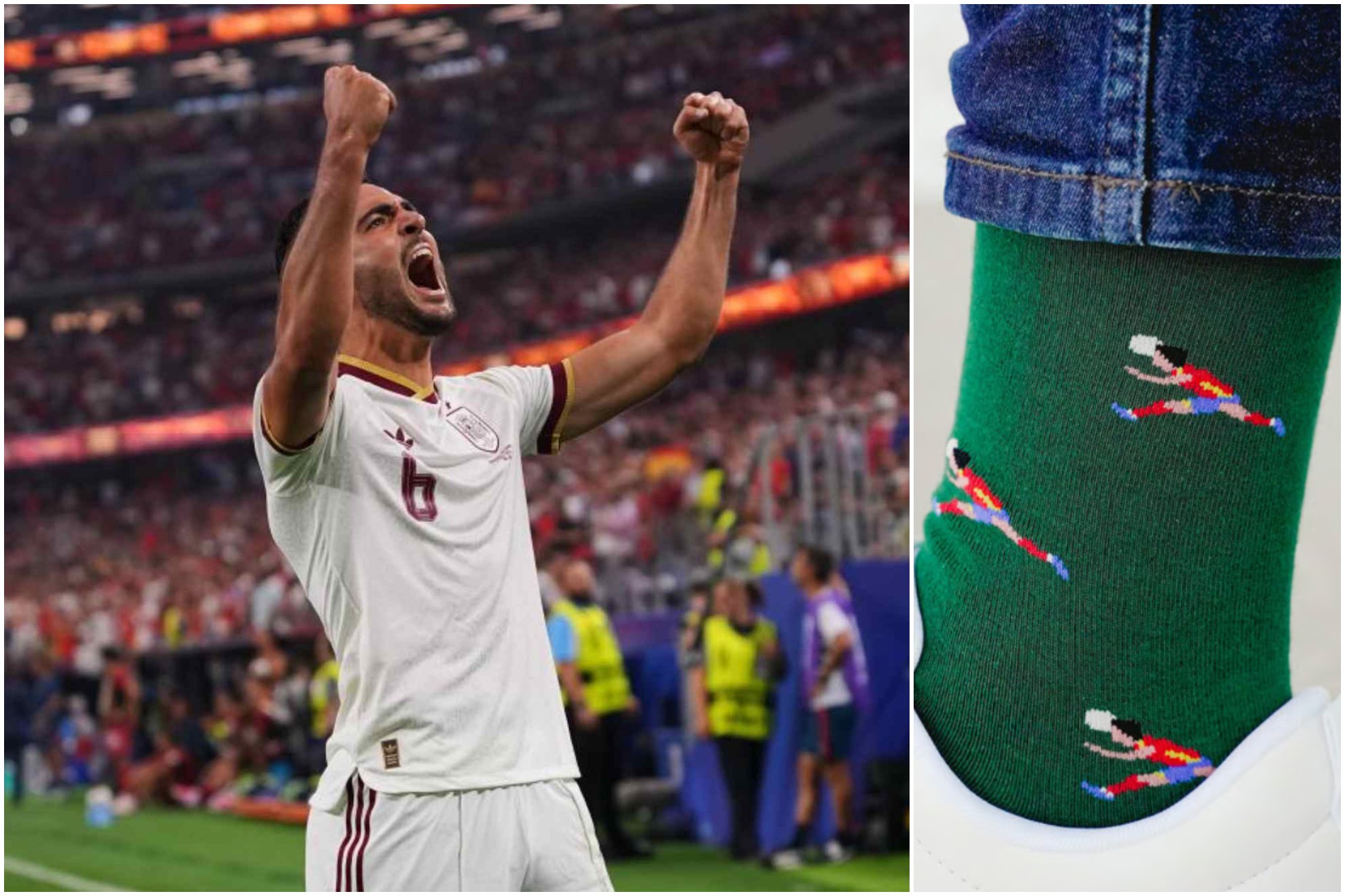 Mikel Merino, celebrando el gol ante Portugal e imagen de los calcetines que se puso su padre.