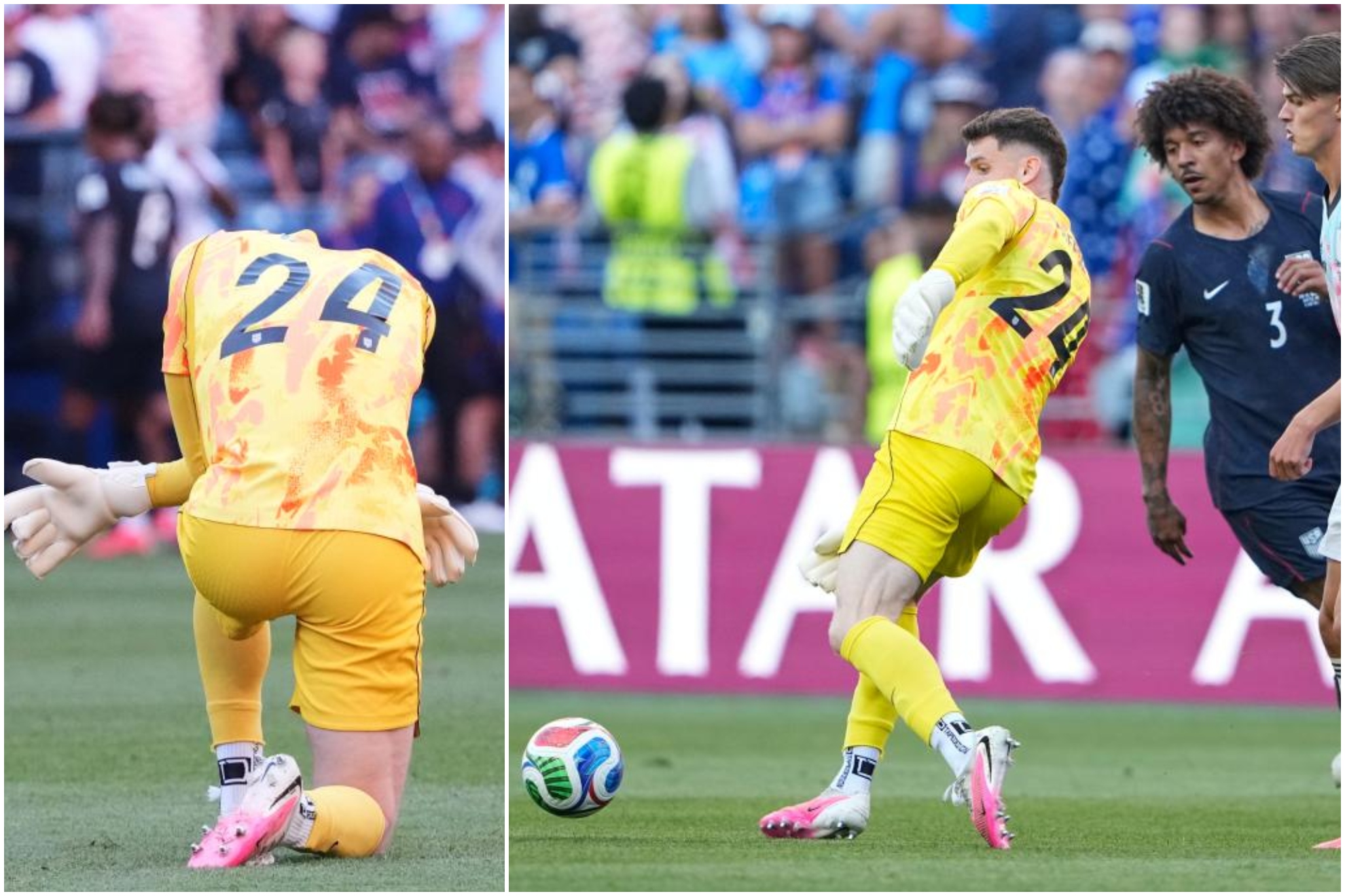 Un montaje con imágenes del portero Matt Freese en el encuentro ante Bélgica.