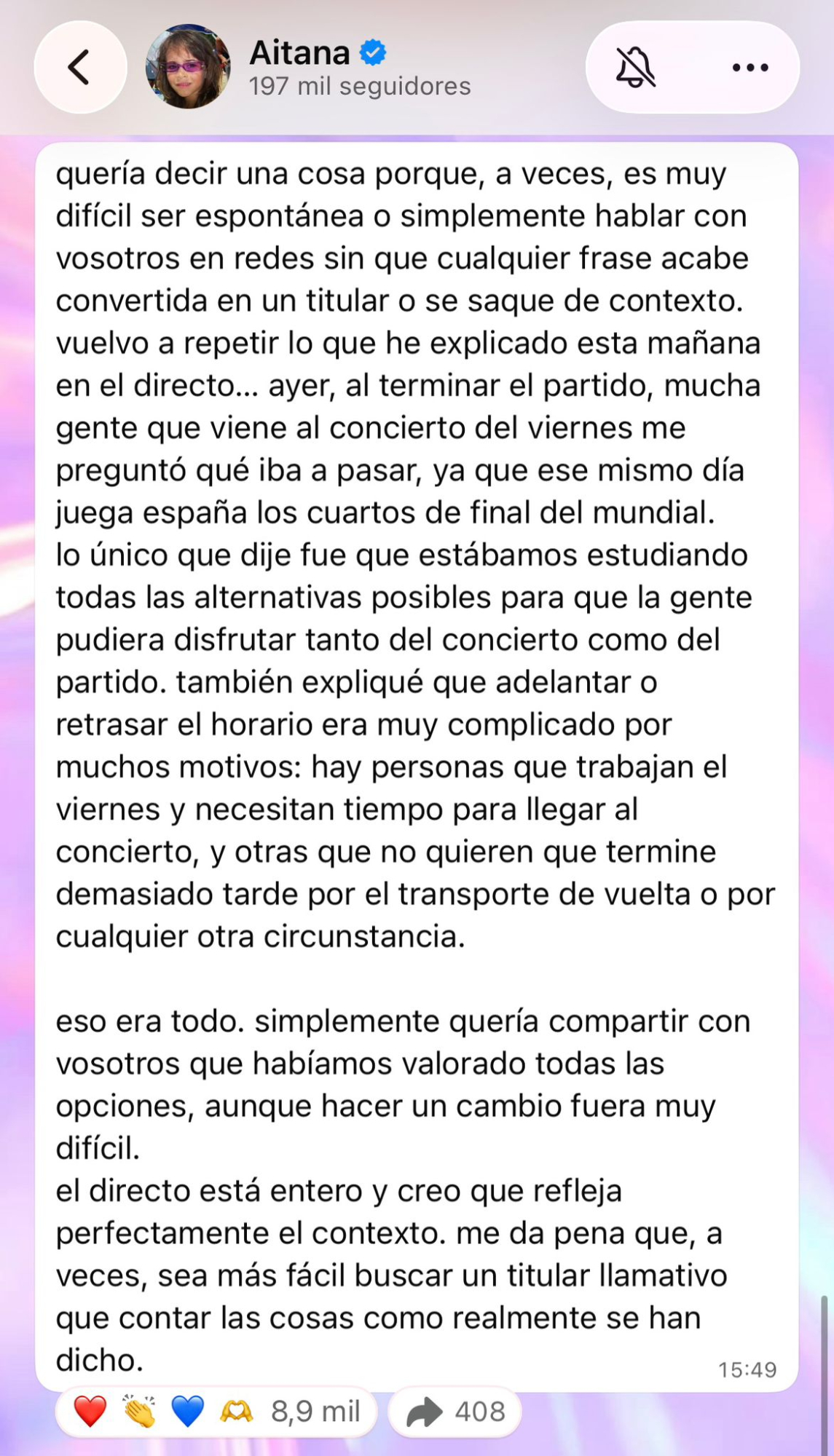 Comunicado de Aitana sobre el concierto de Zaragoza