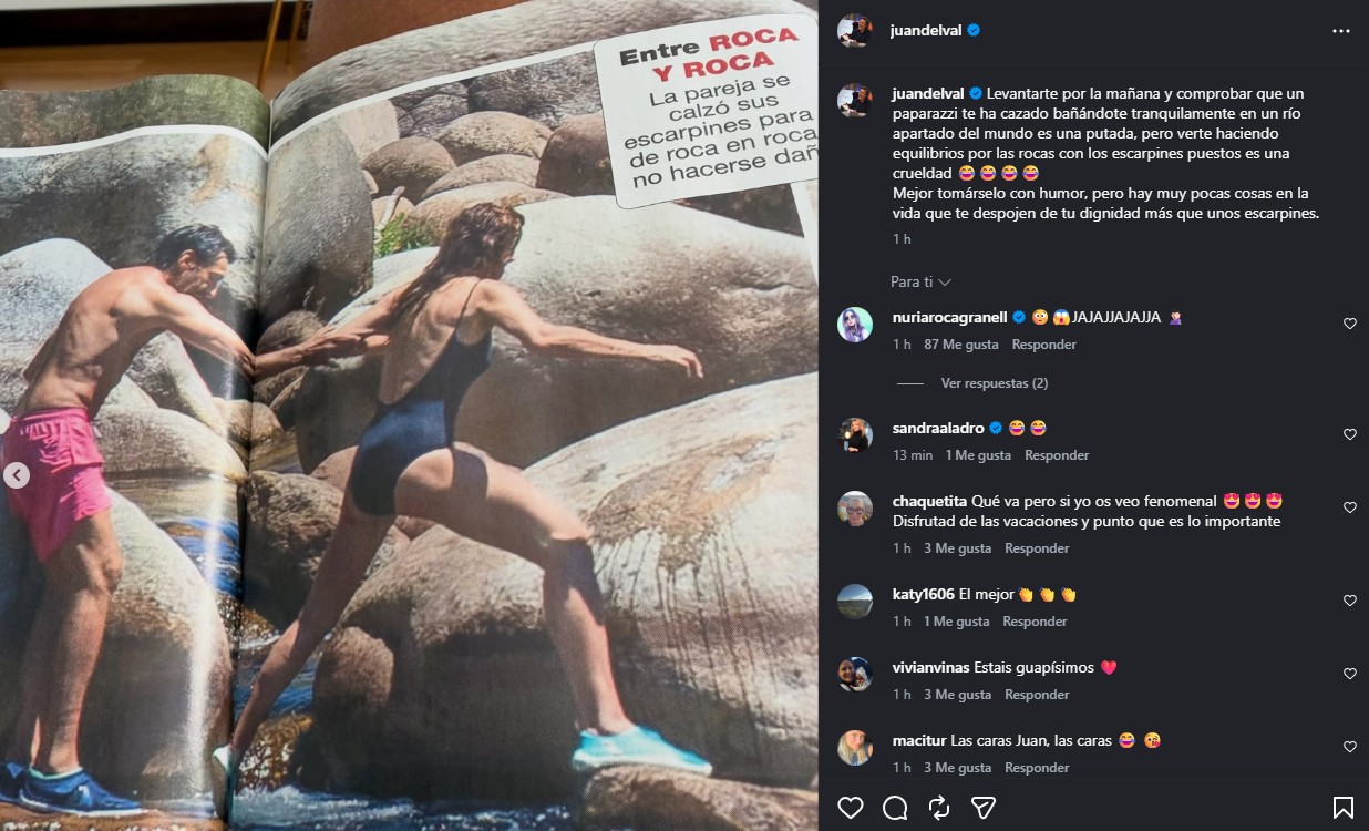 Nuria Roca y Juan del Val con escarpines en un río