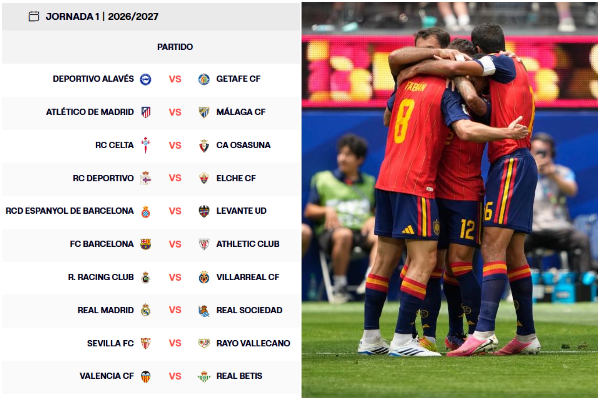 Un montaje con una imagen de los partidos de la primera jornada de LaLiga y otra con los jugadores de España celebrando un gol.