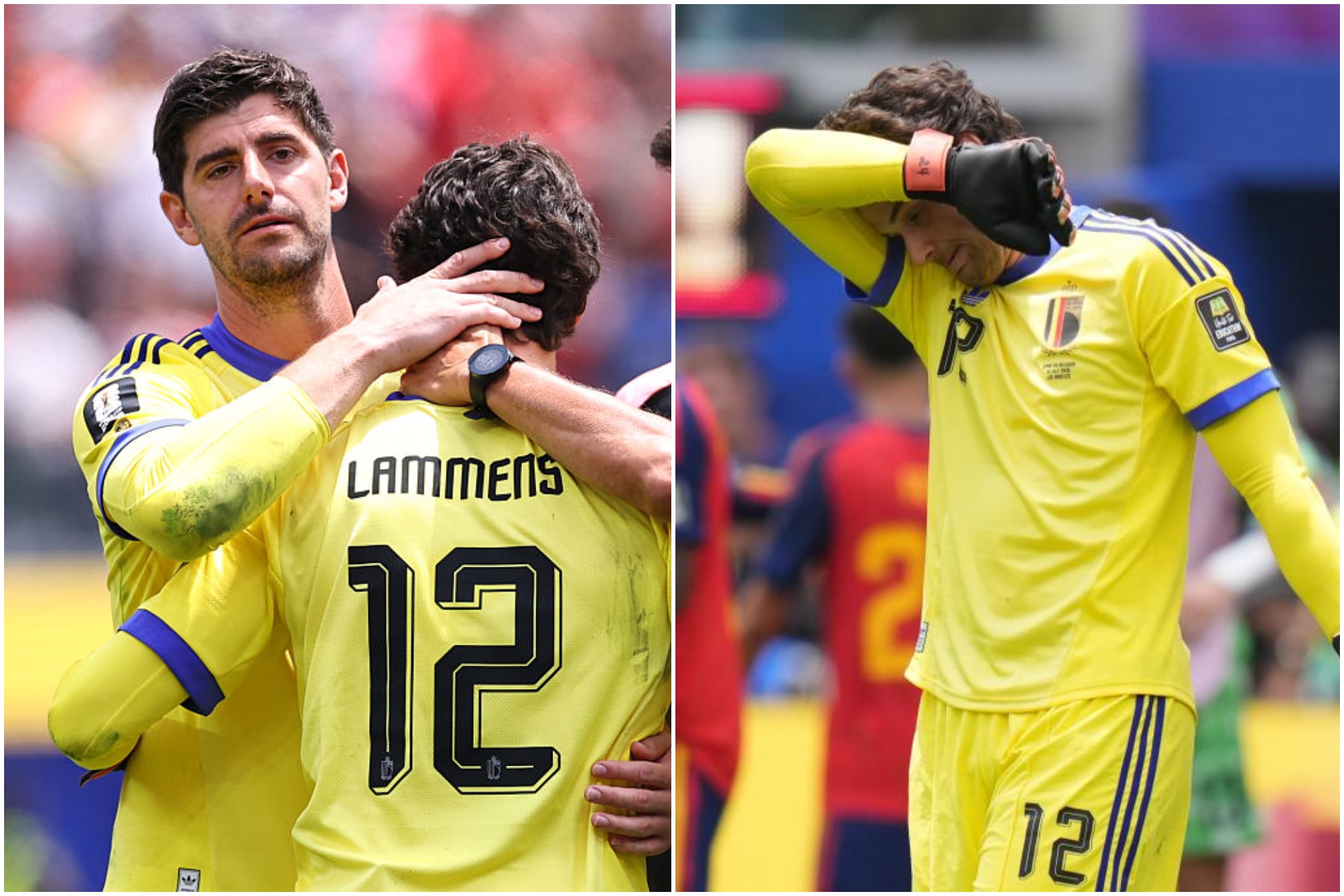 Un montaje con una imagen del abrazo de Courtois a Lammens al final del partido y otra de Lammens lamentándose tras el gol de Merino.
