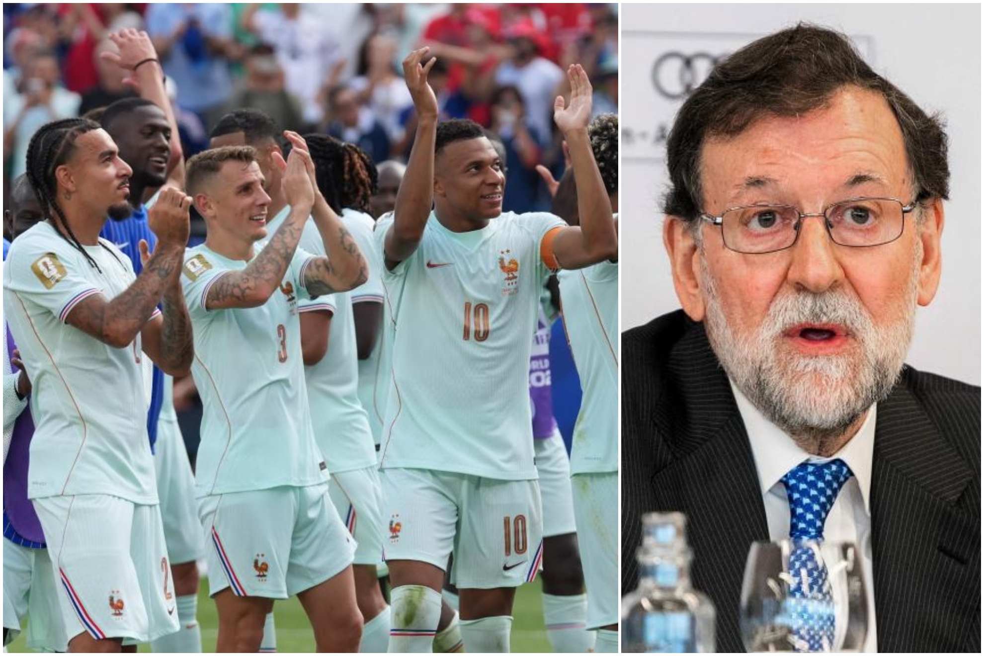 Un montaje con una imagen de los jugadores de Francia celebrando un triunfo y otra de Mariano Rajoy.