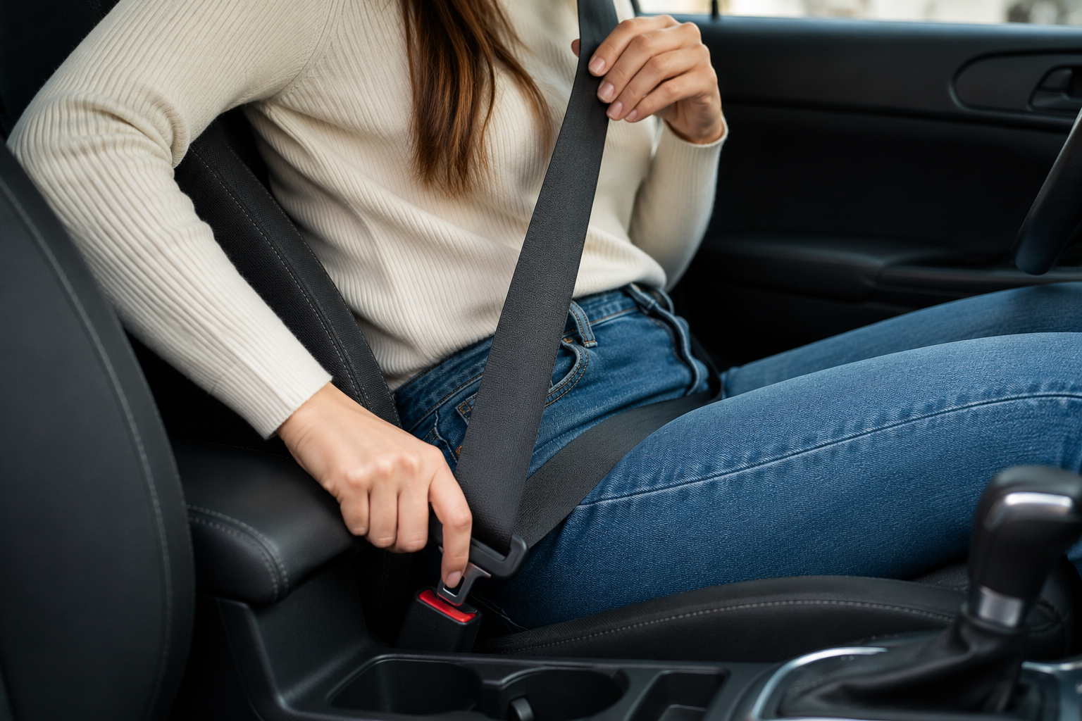 Mujer poniéndose el cinturón de seguridad