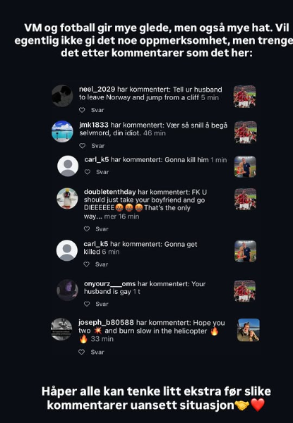 Mensajes de odio en la red social de Lena Selnes.