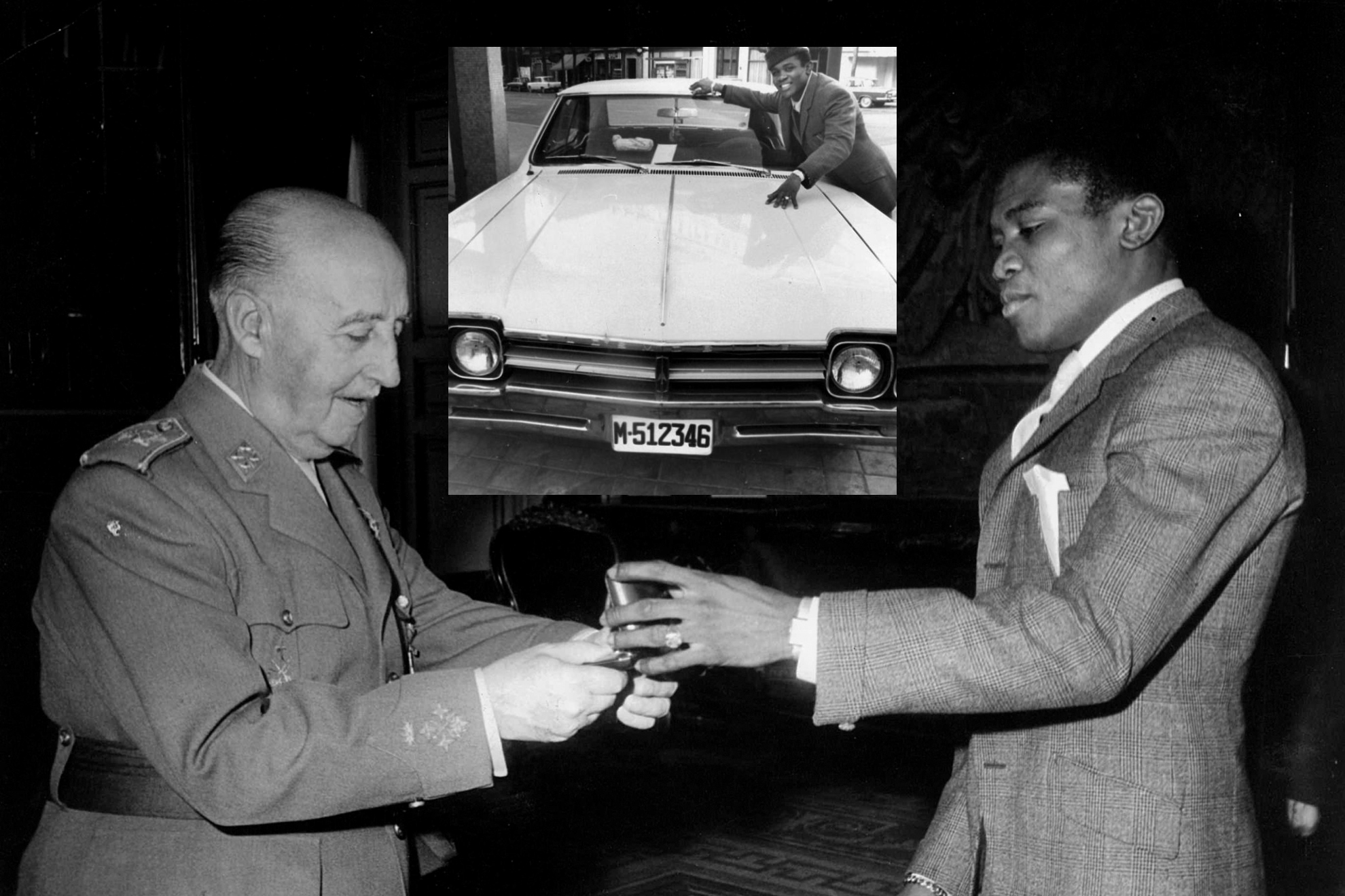 Franco recibe una medalla de manos de Pepe Legrá. En la imagen, Legrá con uno de sus vehículos. Archivo MARCA