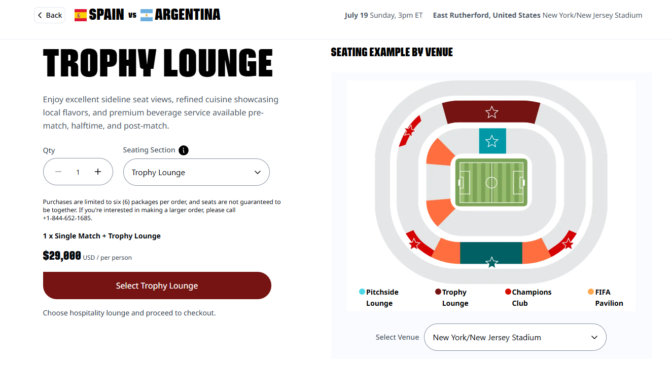 El paquete Trophy Lounge cuesta 29.000 dólares por persona.