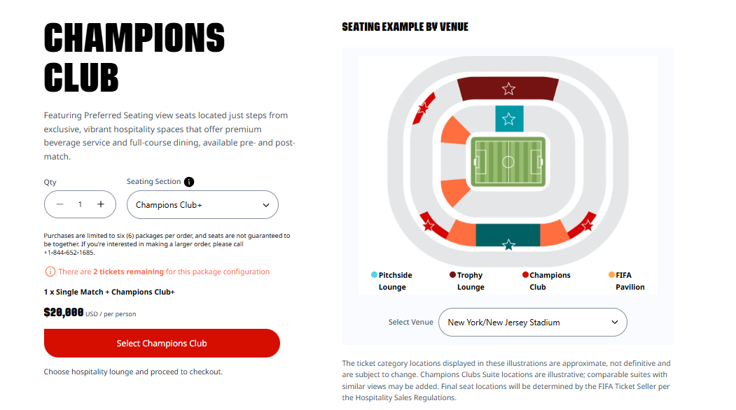 Dos entradas disponibles con el paquete Champions Club: 20.000 dólares por persona.