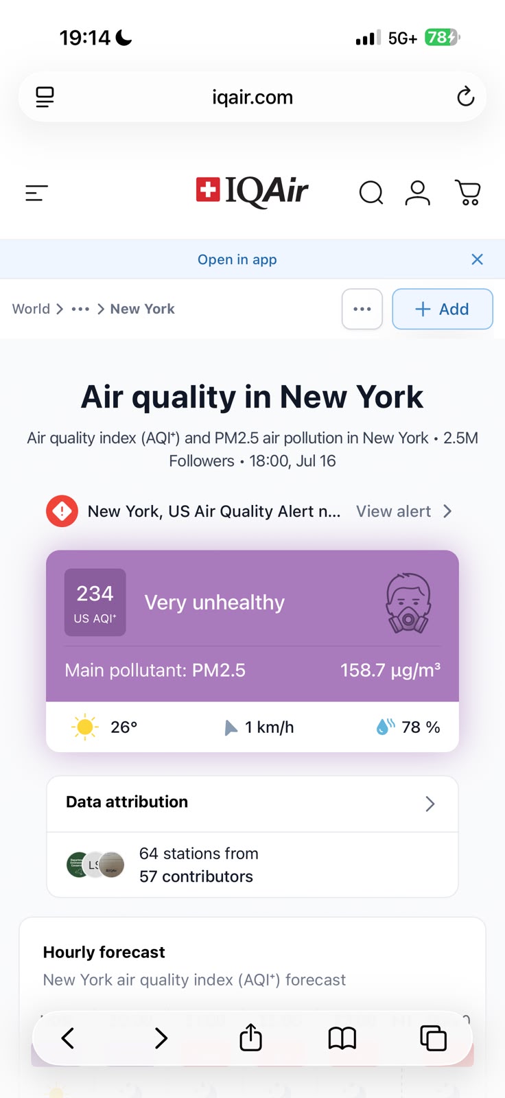 What really matters is the AQI: 'Very harmful' mark at 7:14 p.m. on Thursday.