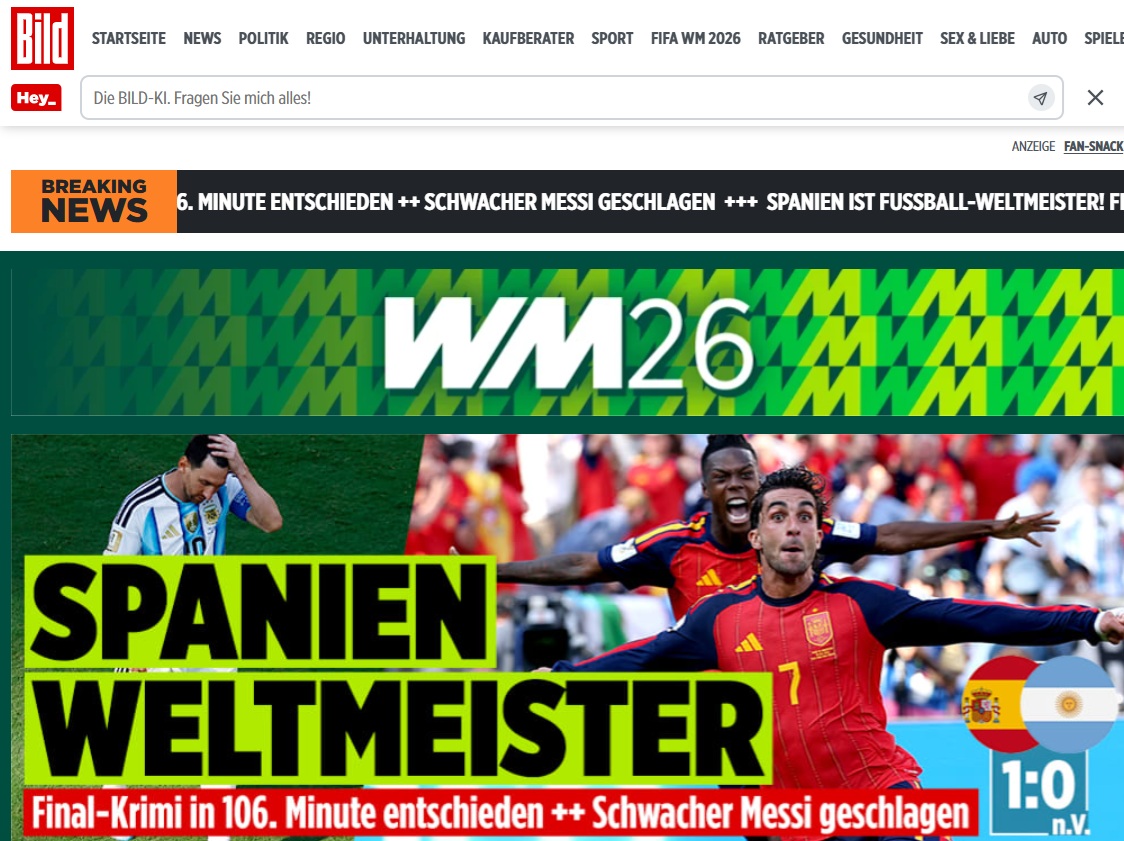 BILD La reacción de la prensa al triunfo de España. Actualizado: 20/07/2026 02:33 horas