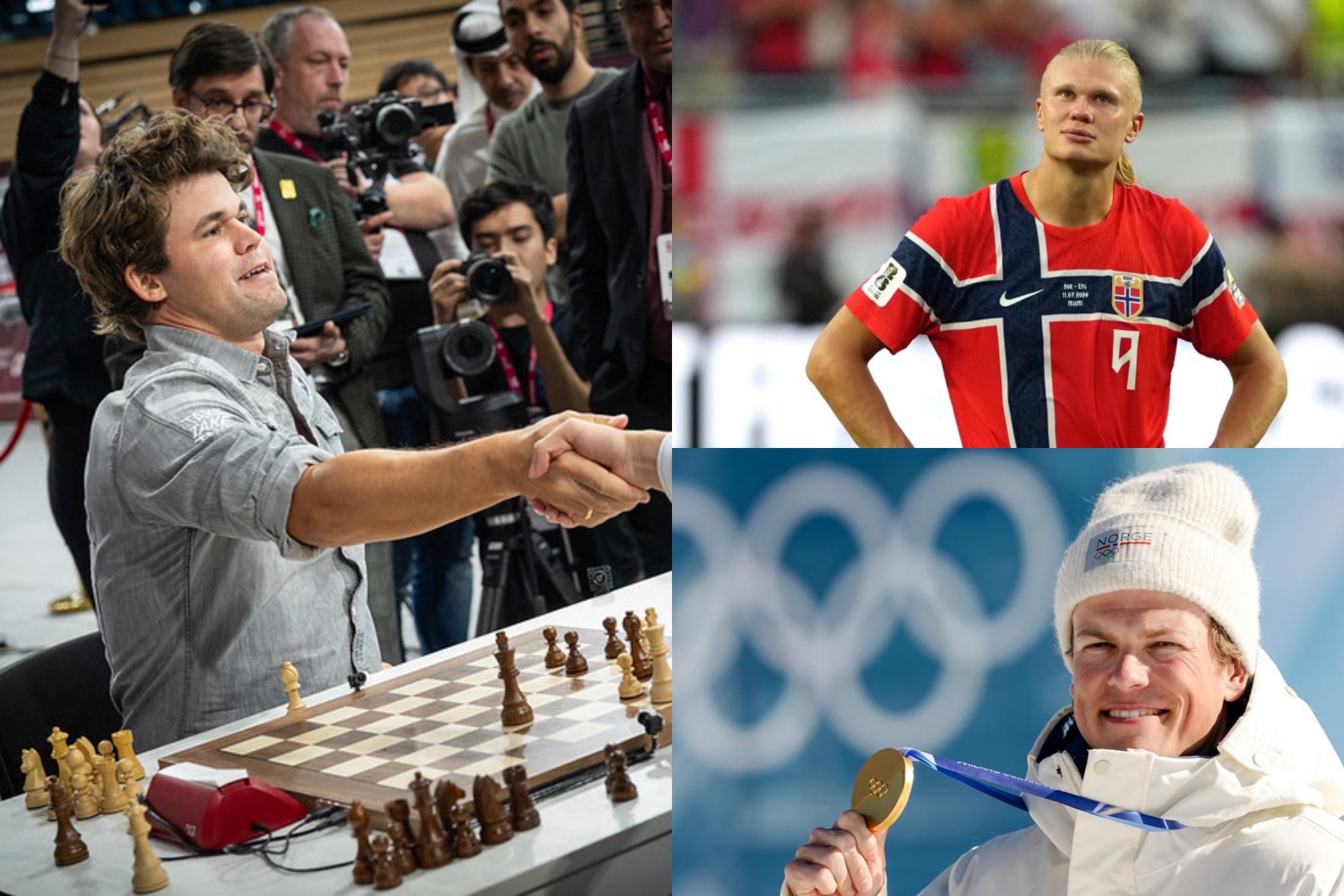 Magnus Carlsen, Haaland y Klaebo. FIDE / EFE / Lapresse