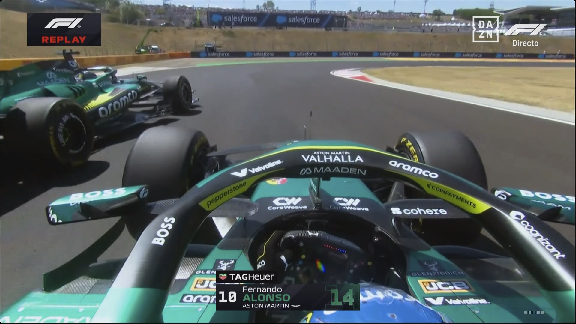 Alonso, en el momento en el que Stroll le cerró en los libres 3 de Hungría. DAZN F1