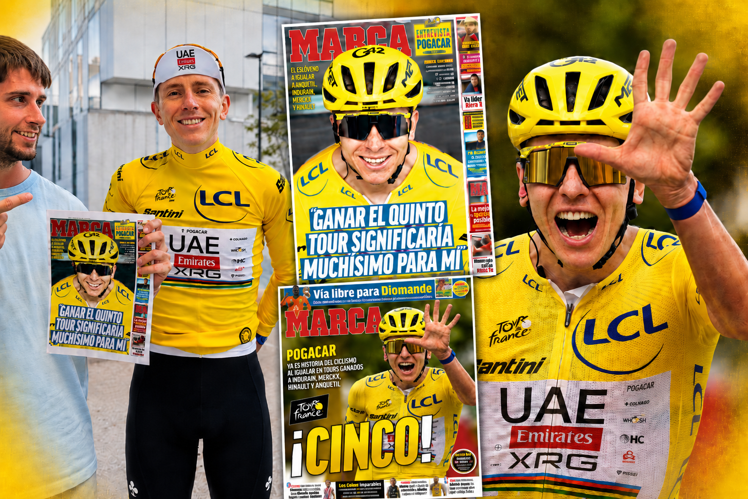 Las dos portadas de MARCA sobre Pogacar en el Tour y Tadej posando con una de ellas y el redactor Dani García.