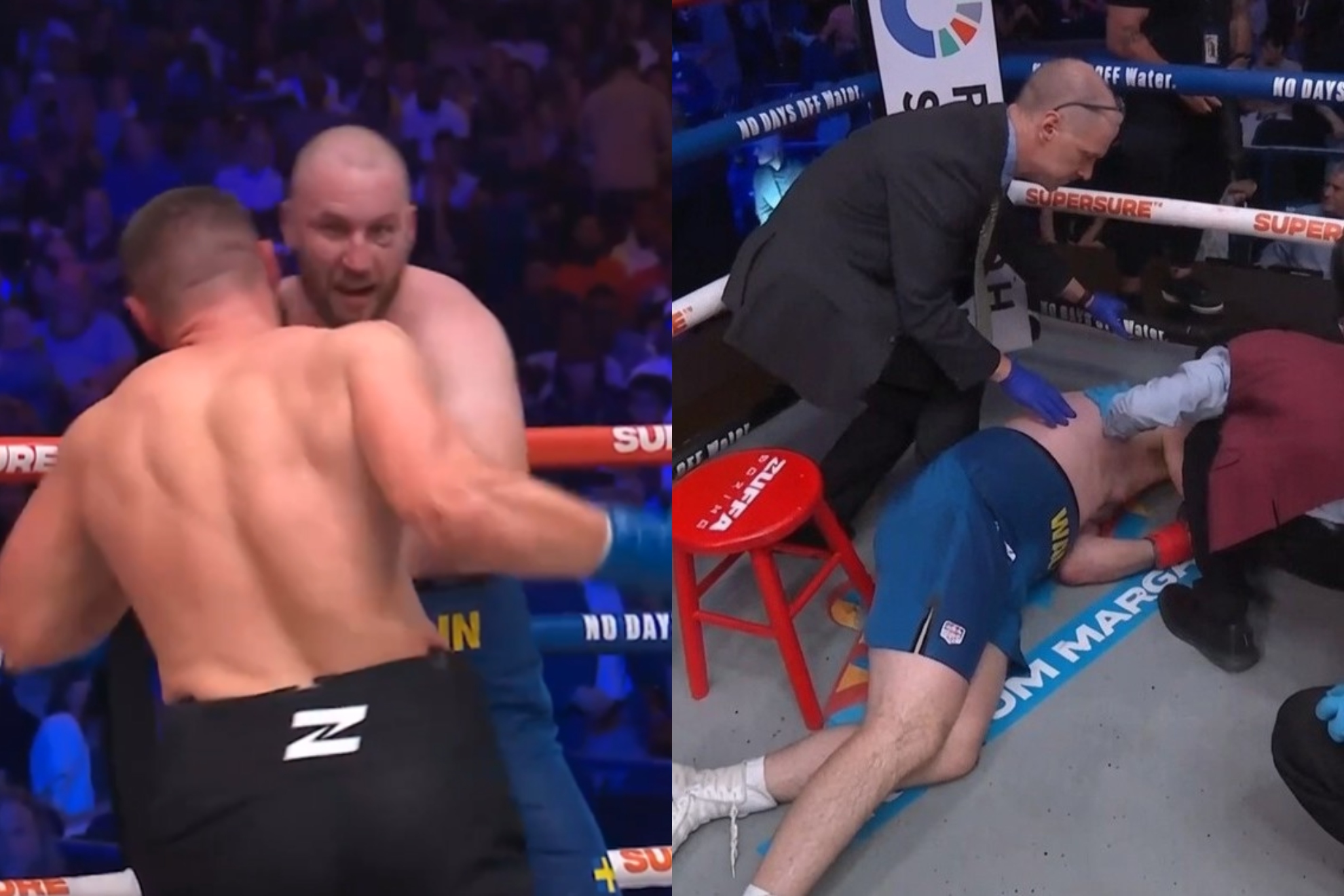 Wallin a punto de ser golpeado por Sirenko y posteriormente tumbado en el suelo.