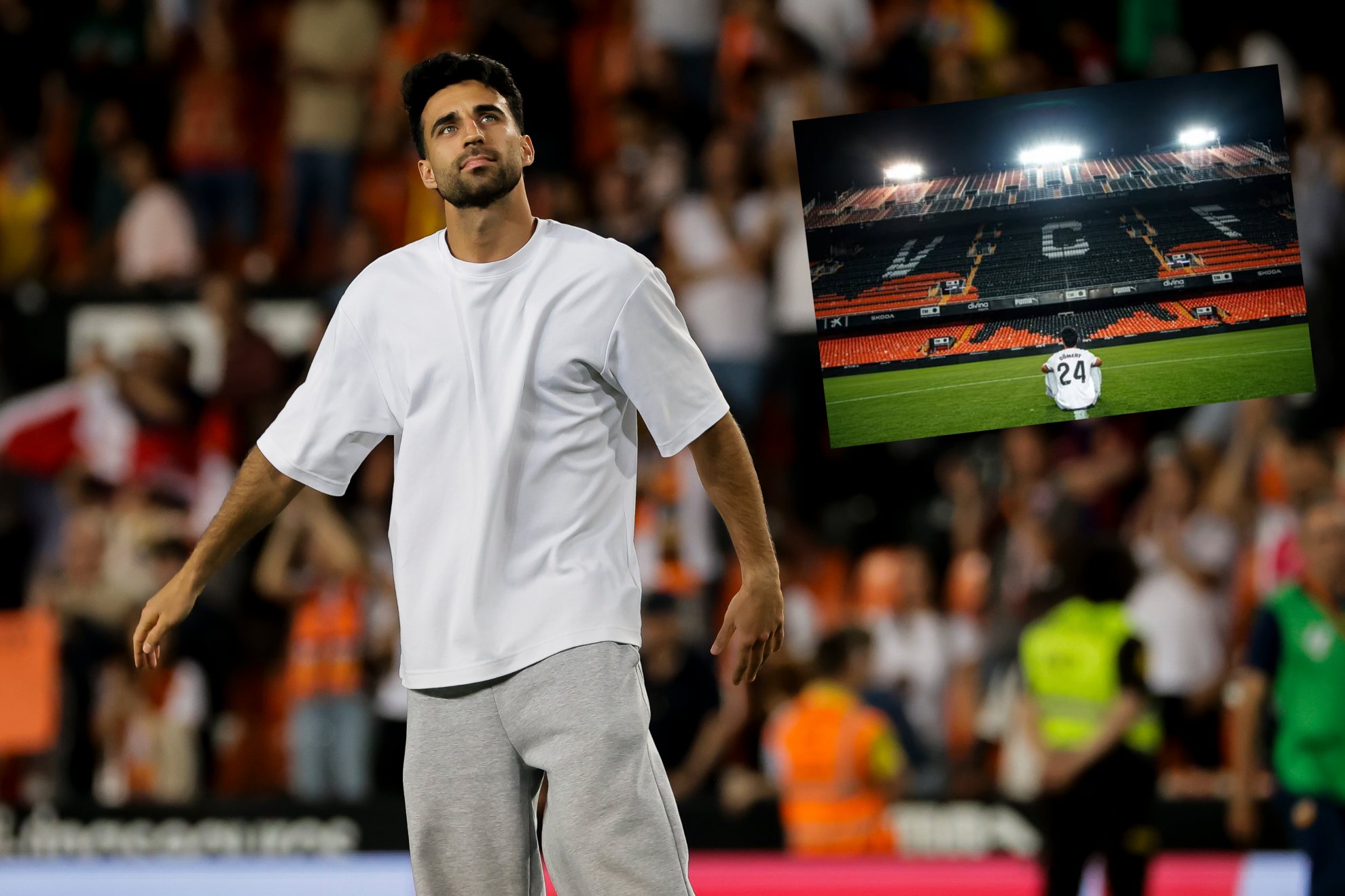 Eray Comert se despide de Mestalla tras el partido ante el Barcelona. J. M. FERNANDEZ