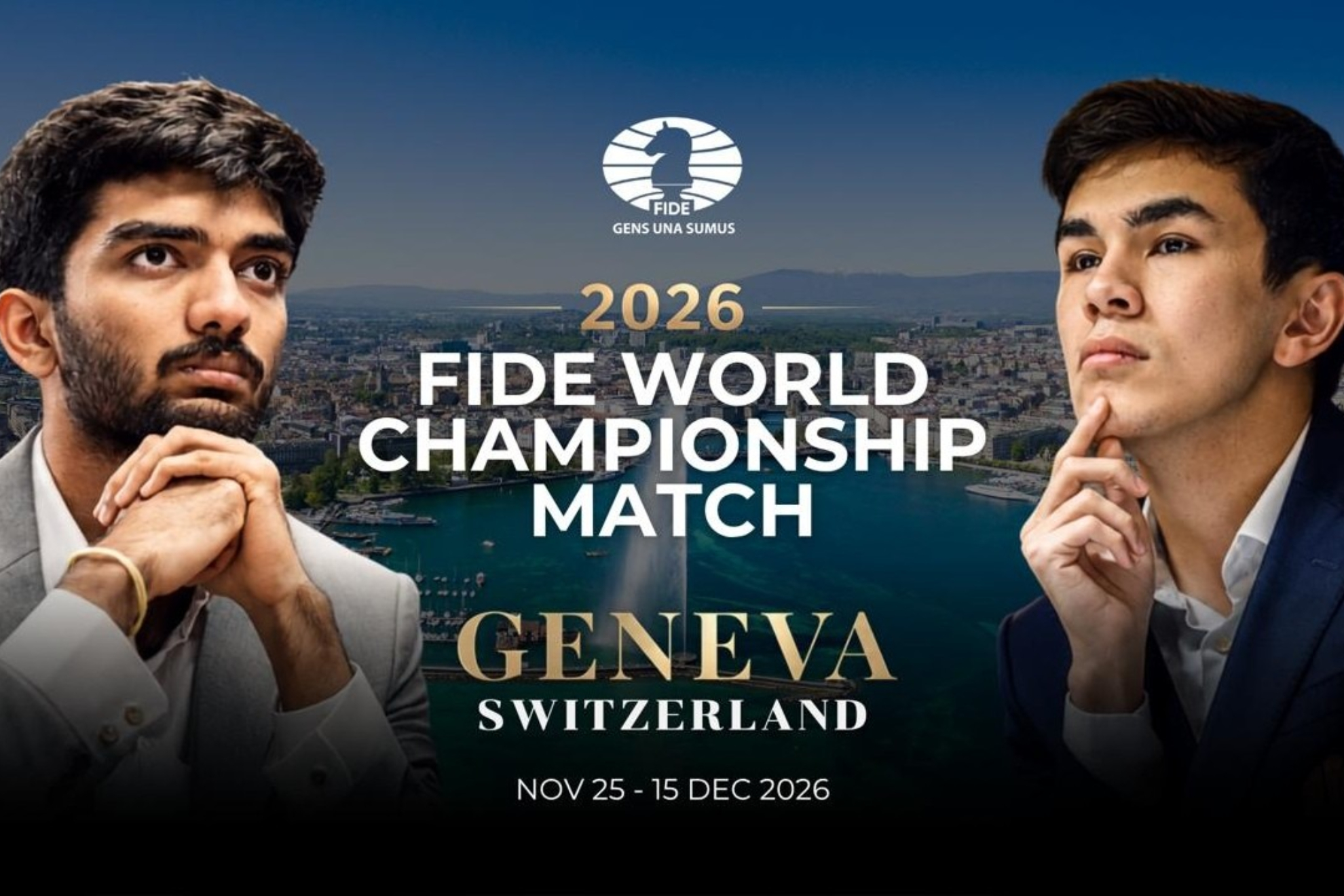 El cartel del encuentro por el título mundial entre Gukesh y Sindarov en Ginebra.