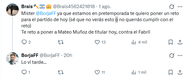 La respuesta de Borja Fernánez a un aficionado, vía 'X'.