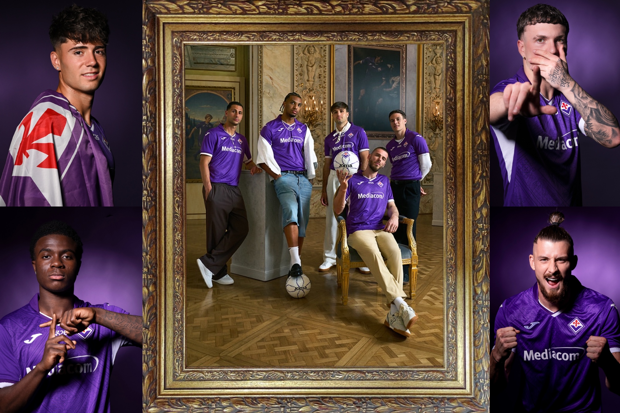Víctor Valdepeñas, Christ Iano Oulaï, Álex Jiménez y Radu Dragusin, con la nueva equipación, de la Fiorentina, con David de Gea como imagen, en el centro.