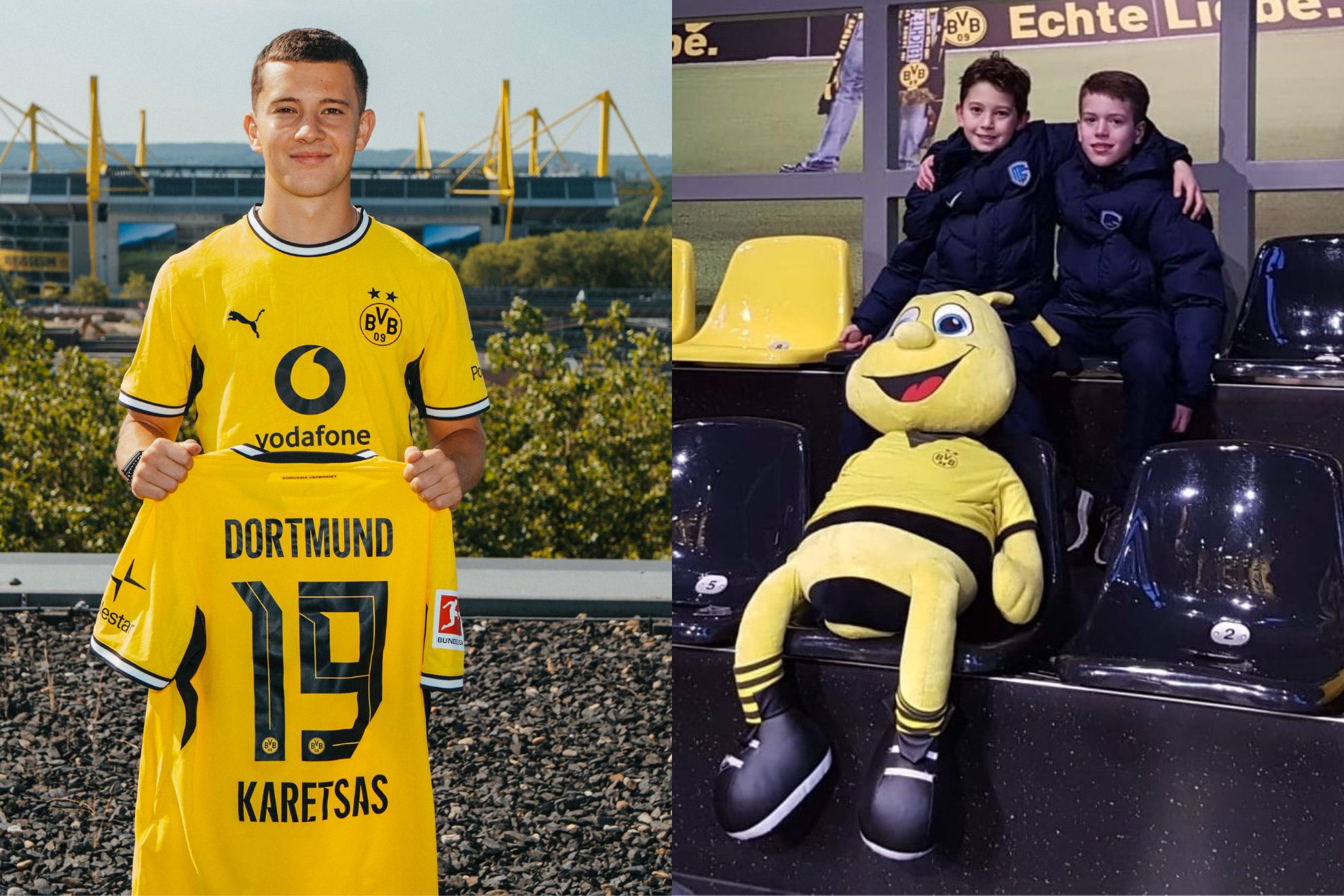 Konstantinos Karetsas, posando con la camiseta del Dortmund y, de pequeño, visitando el Signal Iduna Park @BVB