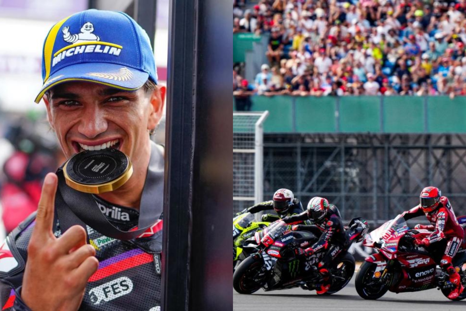 Jorge Martín y Marc Márquez, tocándose con Bezzecchi. MOTOGP