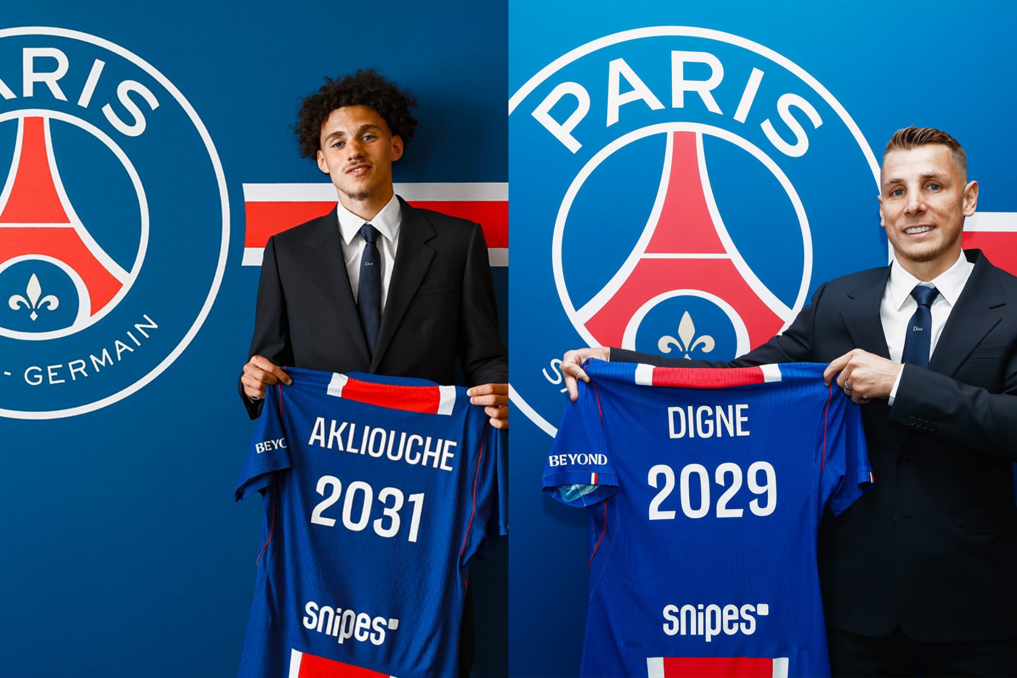 Akliouche y Digne posan como nuevos jugadores del PSG PSG