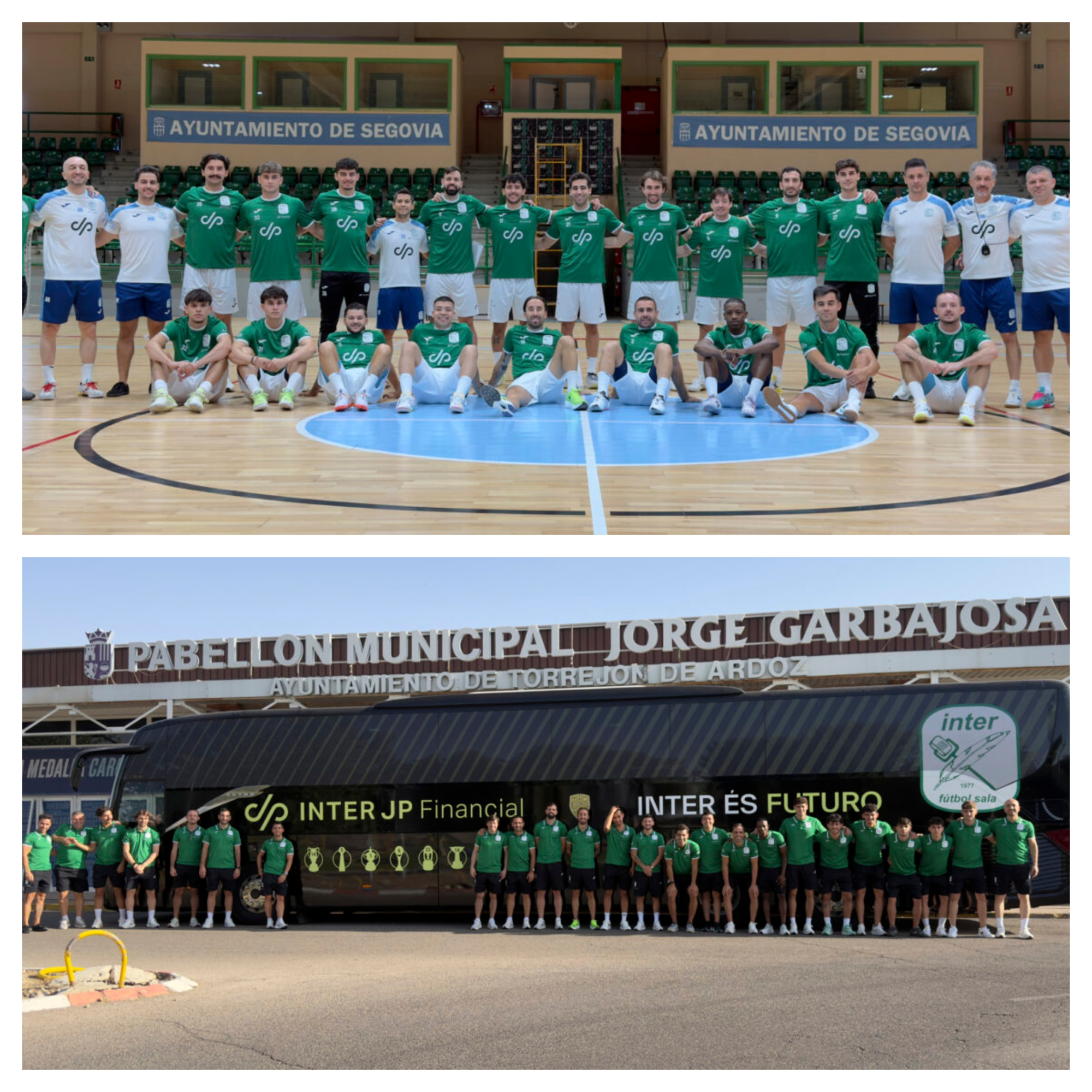 Foto de familia de Inter JP Financial en el pabellón Pedro Delgado y en Torrejón con su nuevo autobús Alsa INTER JP FINANCIAL