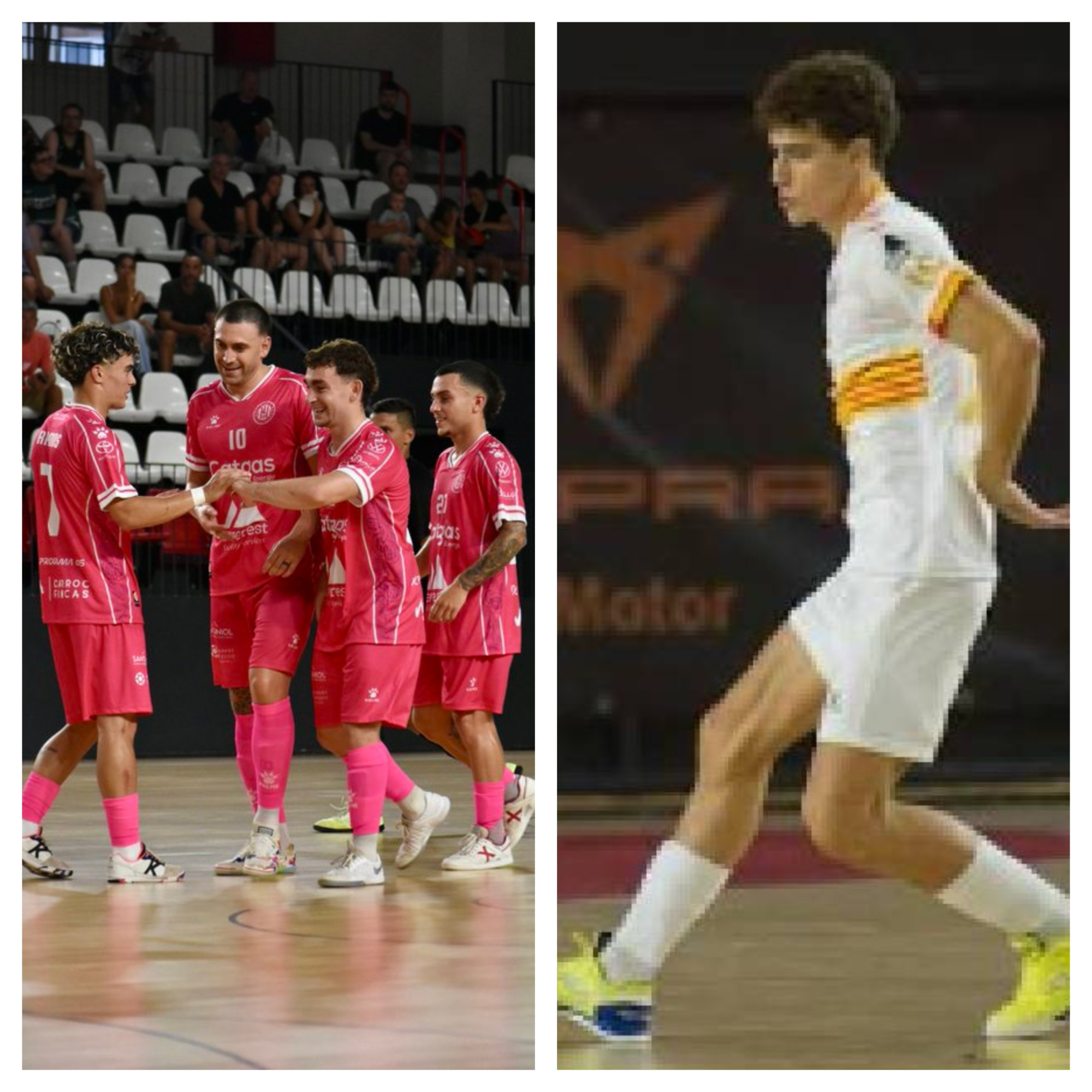 Catgas Energía Santa Coloma celebra uno de sus 10 goles ante el Nice Futsal; a la derecha, NIel-lo CATGAS ENERGÍA SANTA COLOMA