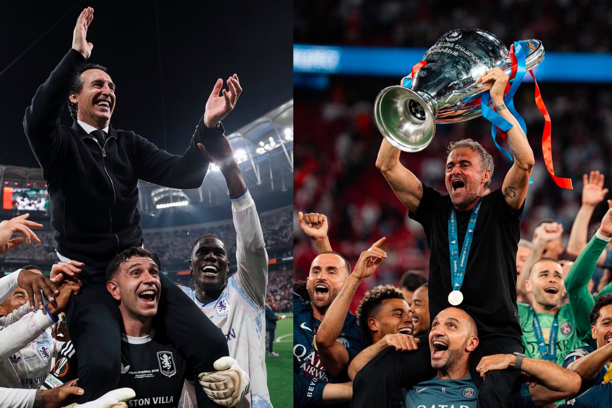 Emery y Luis Enrique a hombros de sus jugadores.