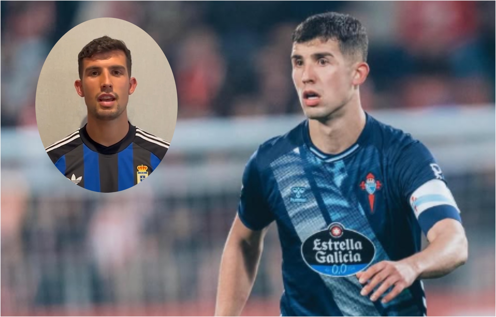 Carlos Domínguez, como jugador del Celta y ya posando con la elástica ovetense.