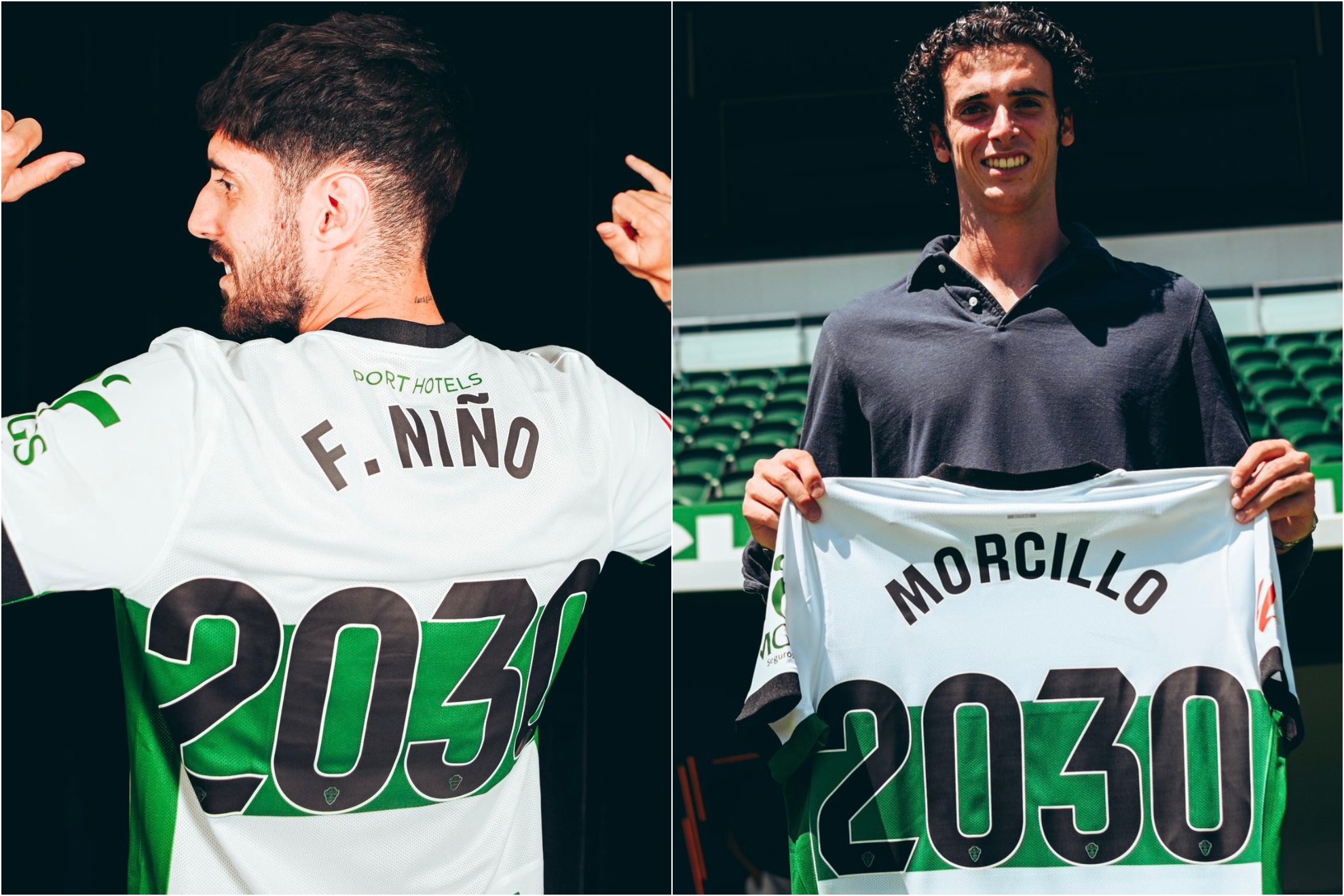 Niño y Morcillo posan con las elásticas del Elche.