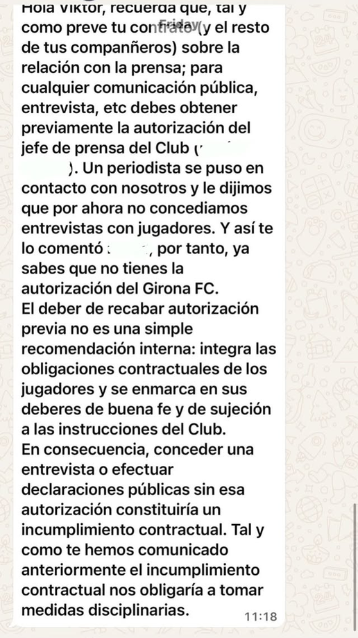 Viktor Tsygankov consuma su rebeldía contra el Girona publicando mensajes internos del club