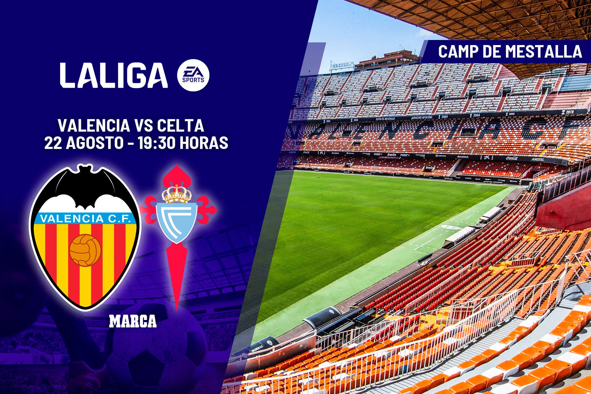 El partido Valencia - Celta se disputa en Mestalla.