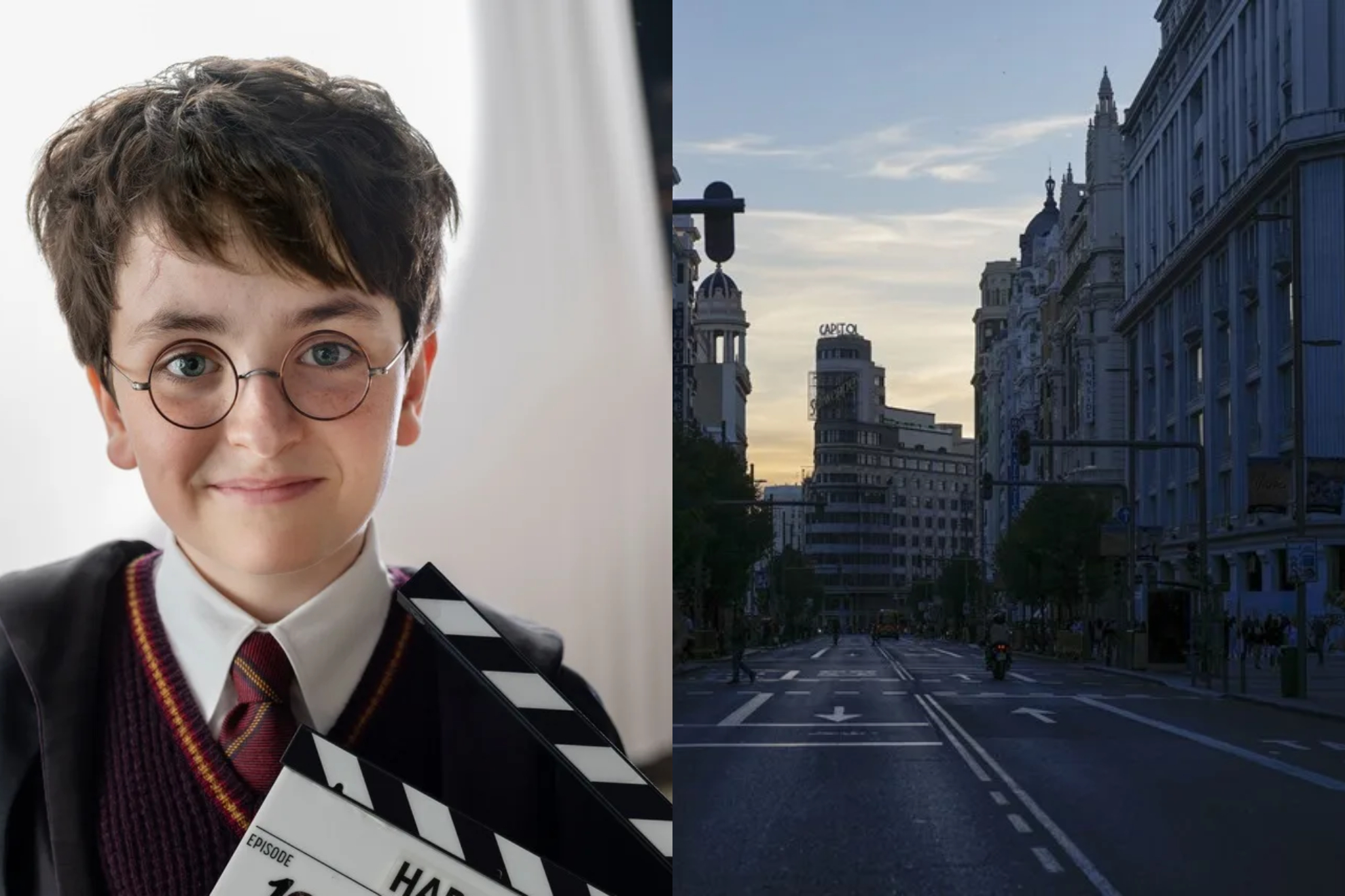 Harry Potter izquierda, Gran Via en Madrid, derecha EFE