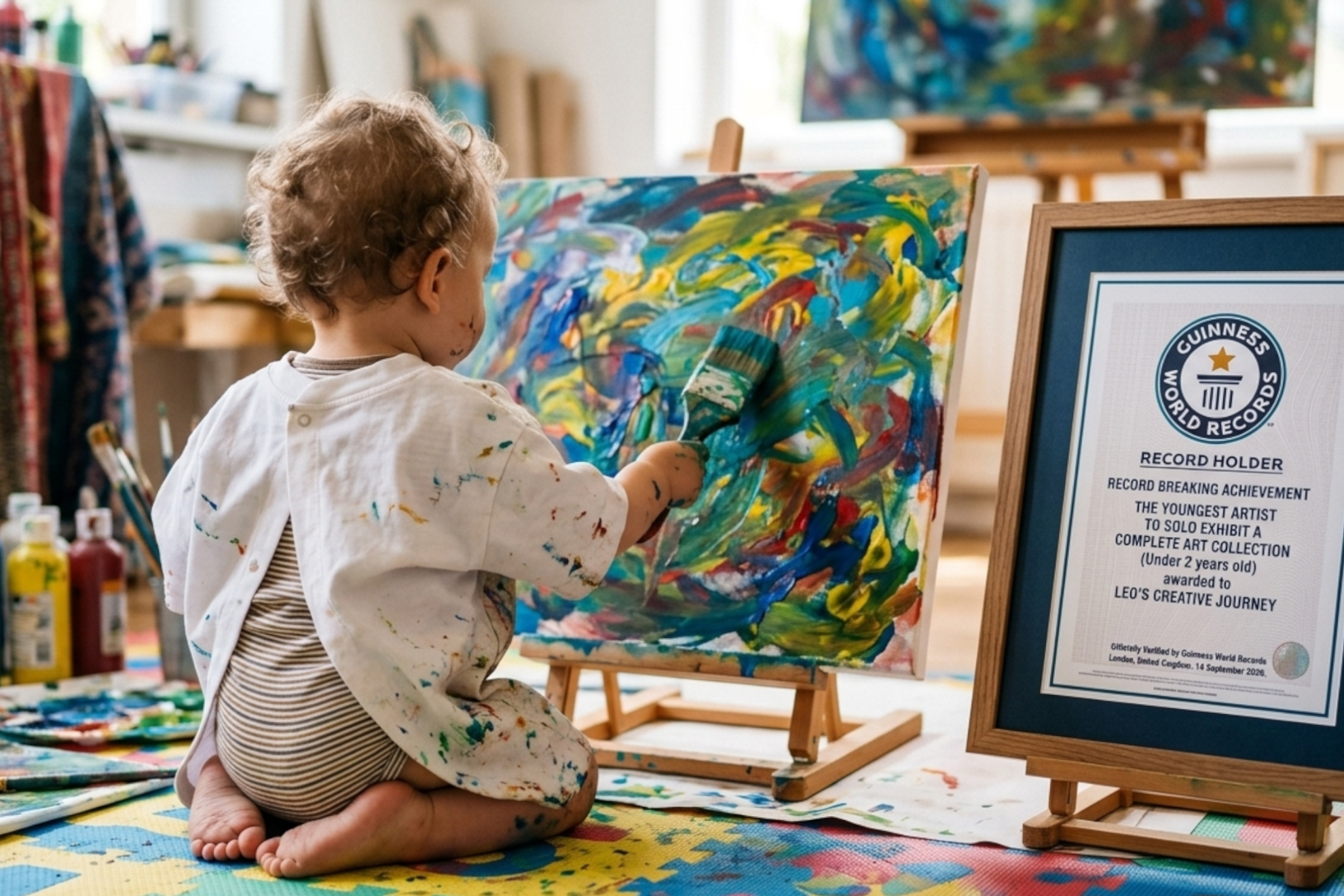 Un bebé pintando sobre un lienzo Imagen creada con IA