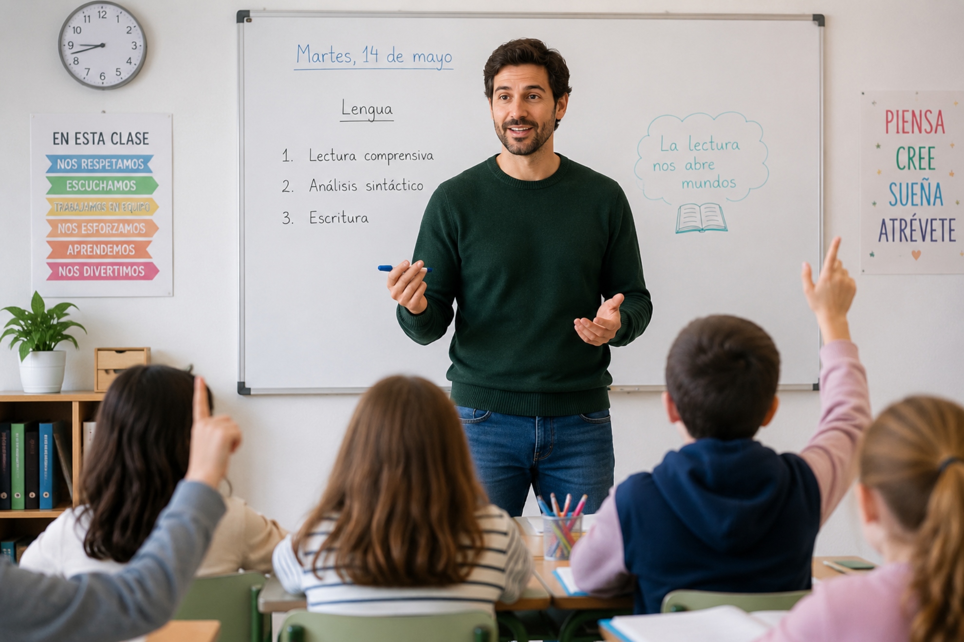Imagen de un profesor en un aula. Creada con IA.