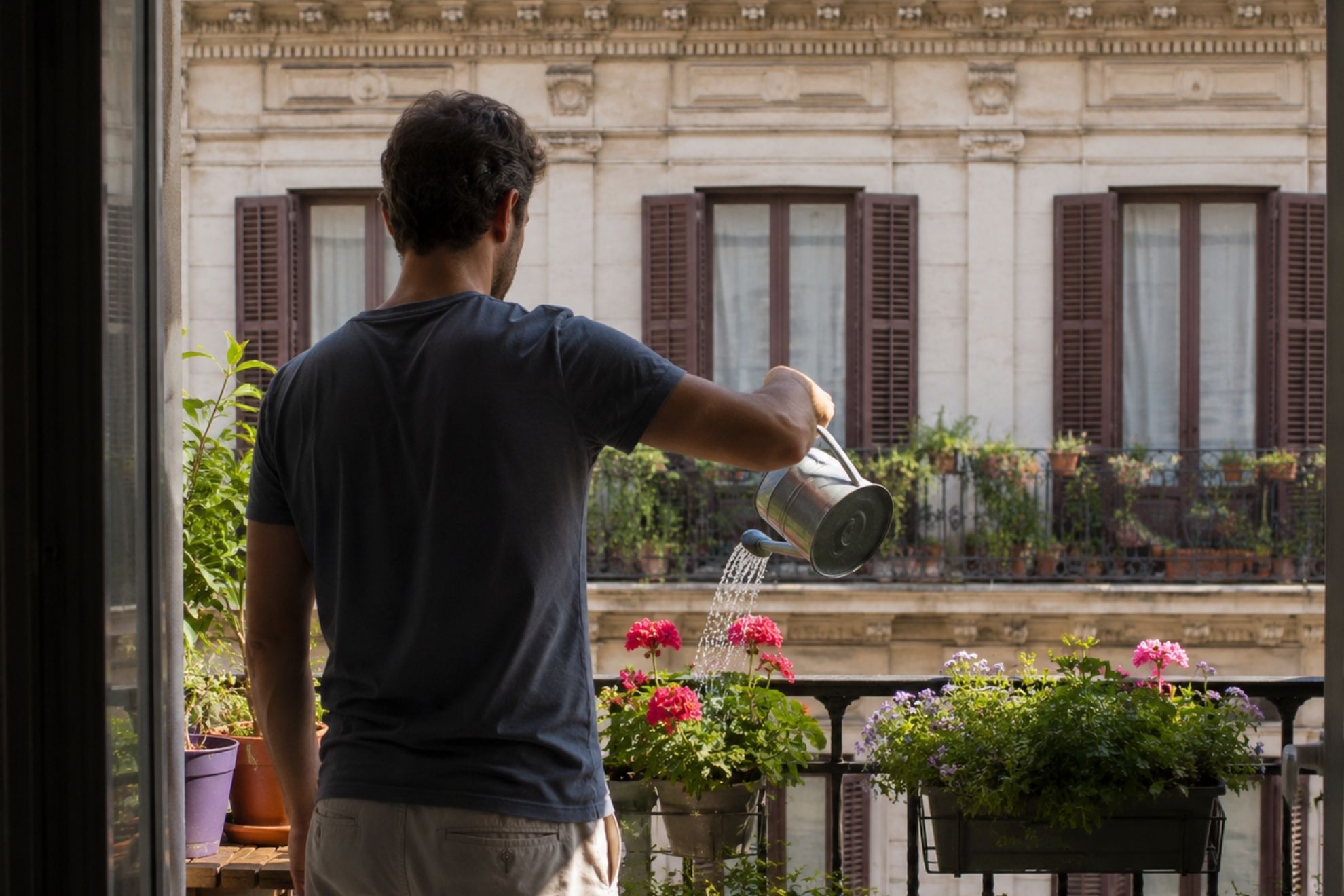 Hombre regando flores Generado por IA