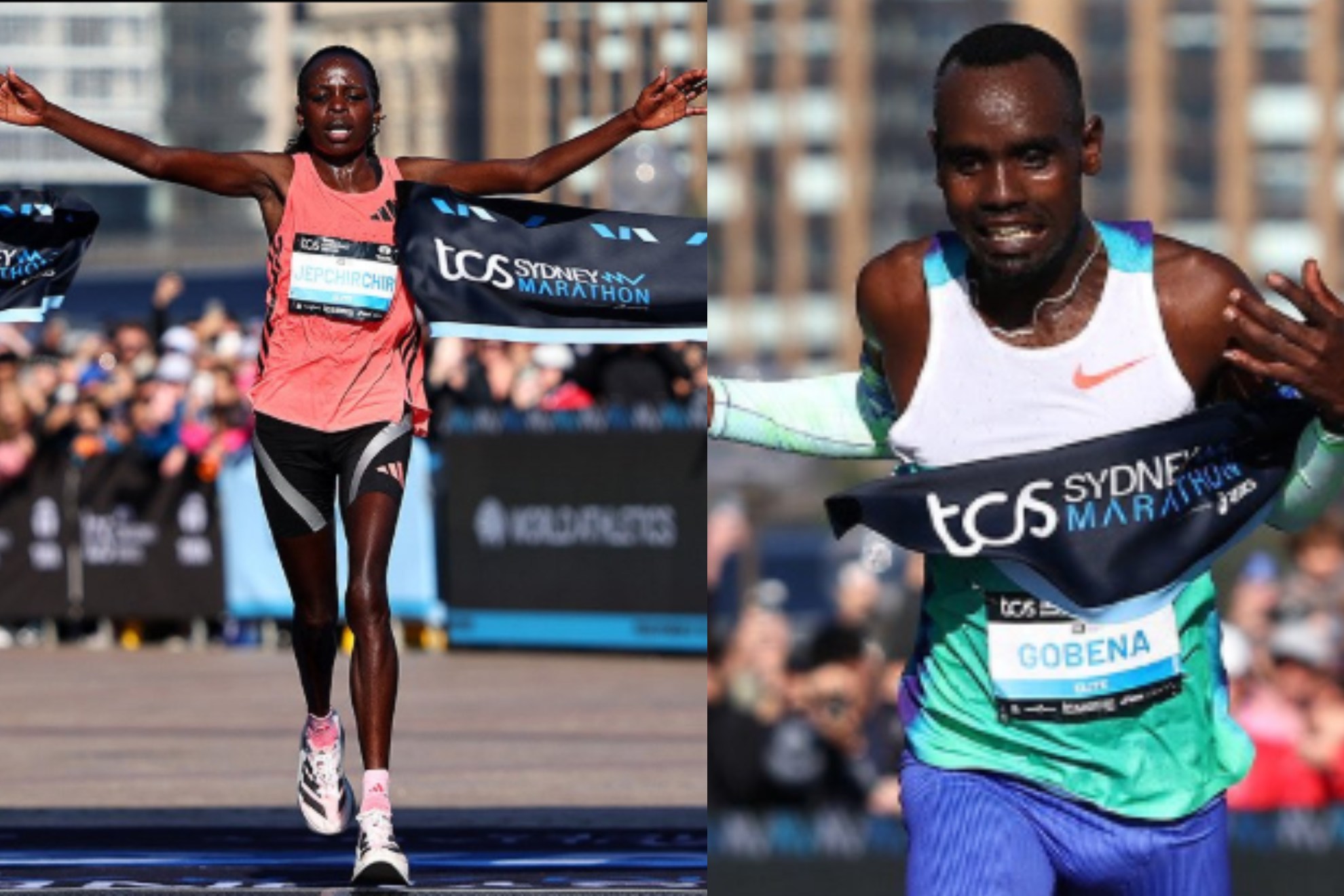 Peres Jepchirchir y Adissu Gobena, al entrar en meta. Sidney Marathon