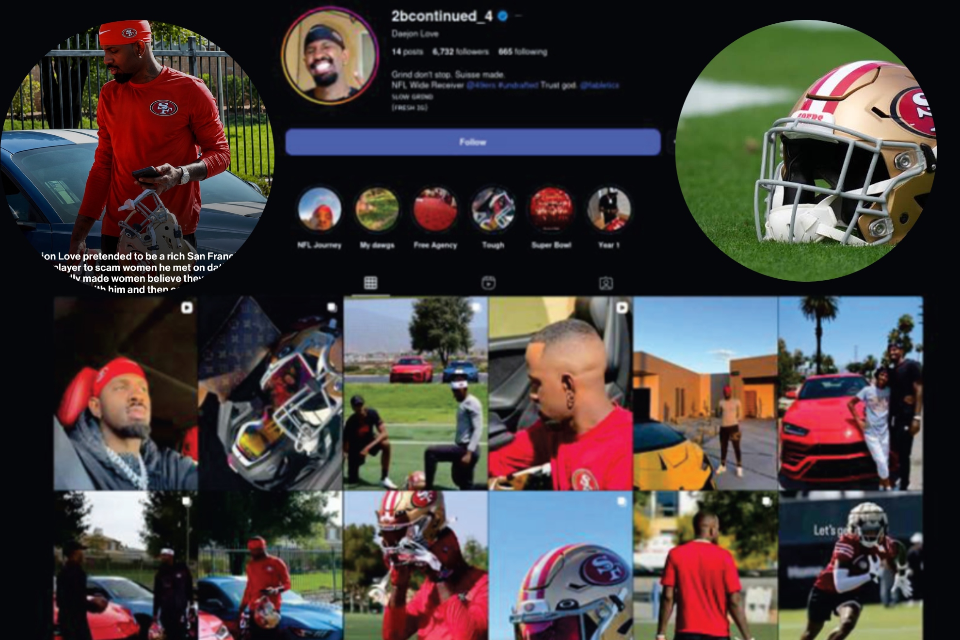 La cuenta de IG de uno de los supuestos estafadores mostraba fotos en la que aparecía con ropa de los 49ers o con vehículos de alta gama.
